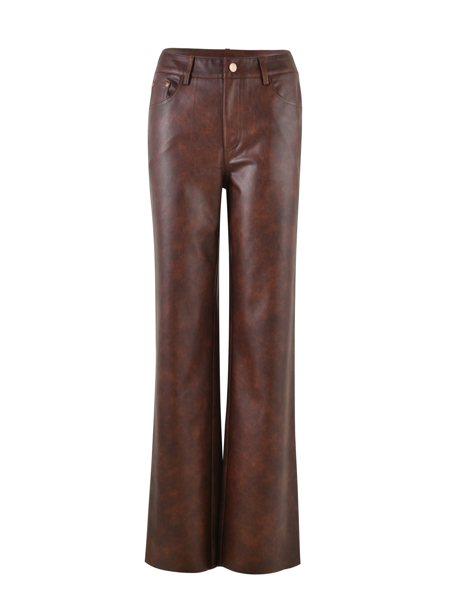 A pair of high-waisted, red-brown leather Wilder Pants from TigerMist with a straight leg cut. They feature two front pockets, two back pockets, belt loops, and a button-and-zipper closure in the front. The leather has a slightly distressed finish, giving it a vintage look.