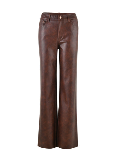A pair of high-waisted, red-brown leather Wilder Pants from TigerMist with a straight leg cut. They feature two front pockets, two back pockets, belt loops, and a button-and-zipper closure in the front. The leather has a slightly distressed finish, giving it a vintage look.
