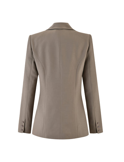 Back view of the MARJORIE JACKET in Moss Green Khaki from TIGERMIST. The jacket features a fitted design with darting for a contoured shape, button details on the cuffs, and a classic lapel collar. The fabric appears smooth and structured.