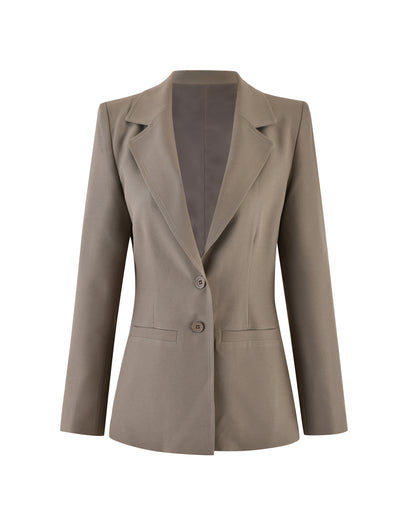 A khaki women's blazer from TIGERMIST, named the MARJORIE JACKET in moss green, is shown against a plain white background. The blazer has a notched collar, two front buttons for closure, and two front pockets. It features long sleeves and a tailored fit.