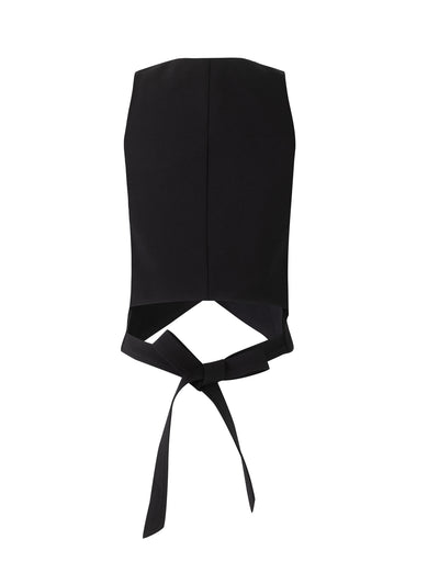 The MARJORIE VEST - BLACK by TIGERMIST is a strapless, fitted top. The back showcases an open cut-out detail with two long tie straps that form a bow-like appearance when fastened.