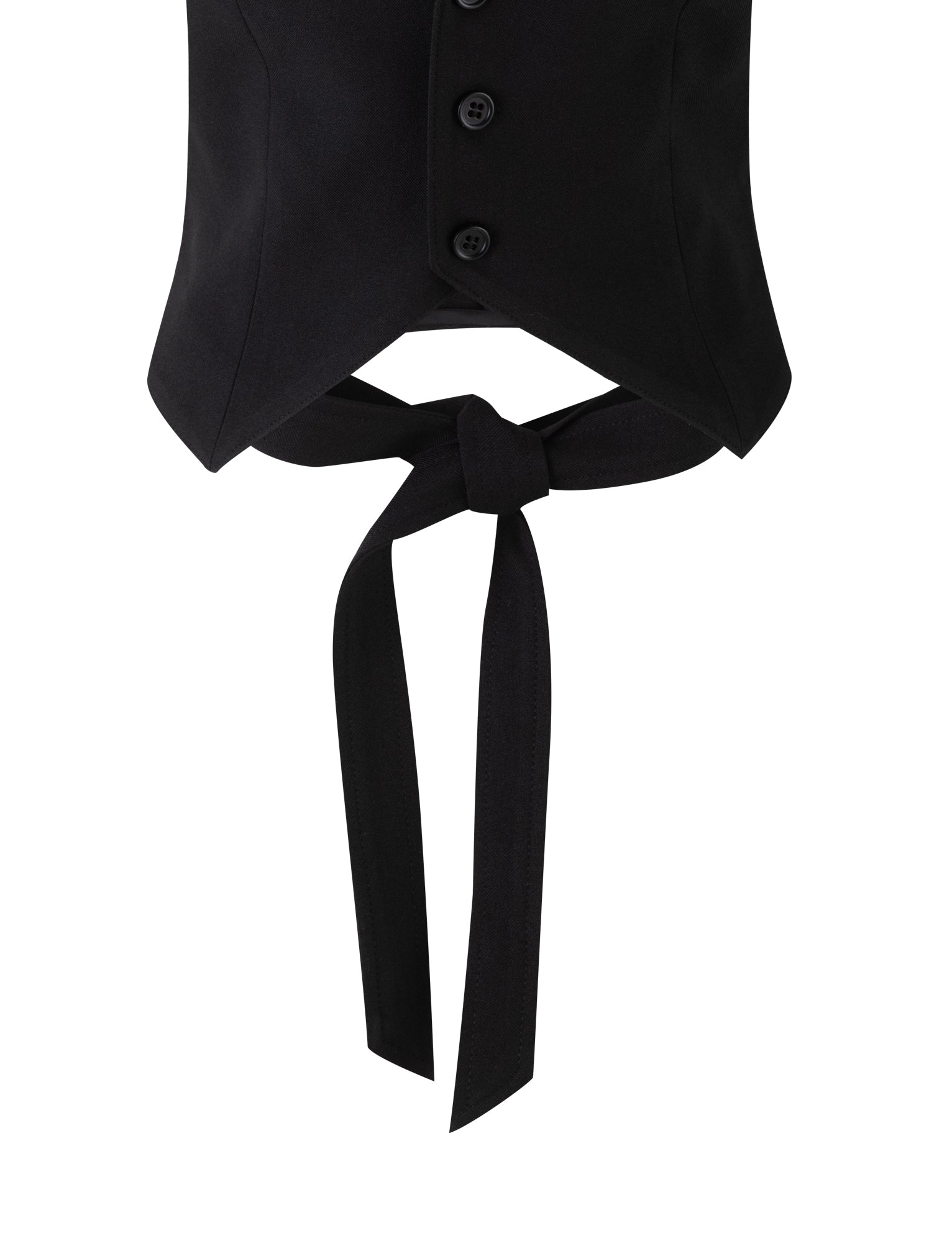 A close-up view of the lower portion of the MARJORIE VEST - BLACK by TIGERMIST showcases three buttons and features long black tie straps at the bottom, tied in a simple knot to create a stylish, sophisticated appearance.