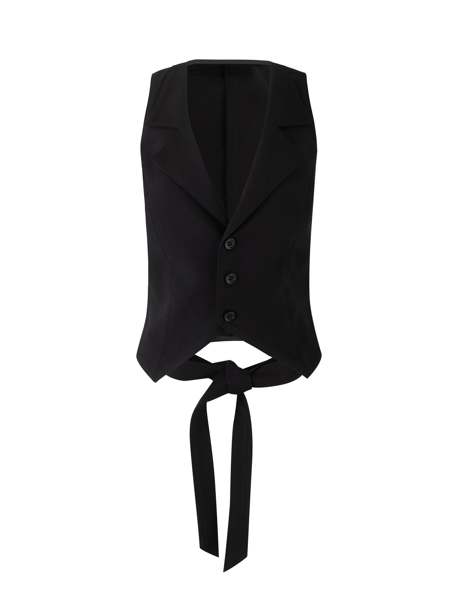 The MARJORIE VEST - BLACK by TIGERMIST is a stylish sleeveless piece featuring a lapel collar and three buttons down the front. Designed to resemble a tailored jacket without sleeves, it also includes two long fabric ties at the bottom for creating a bow or knot.