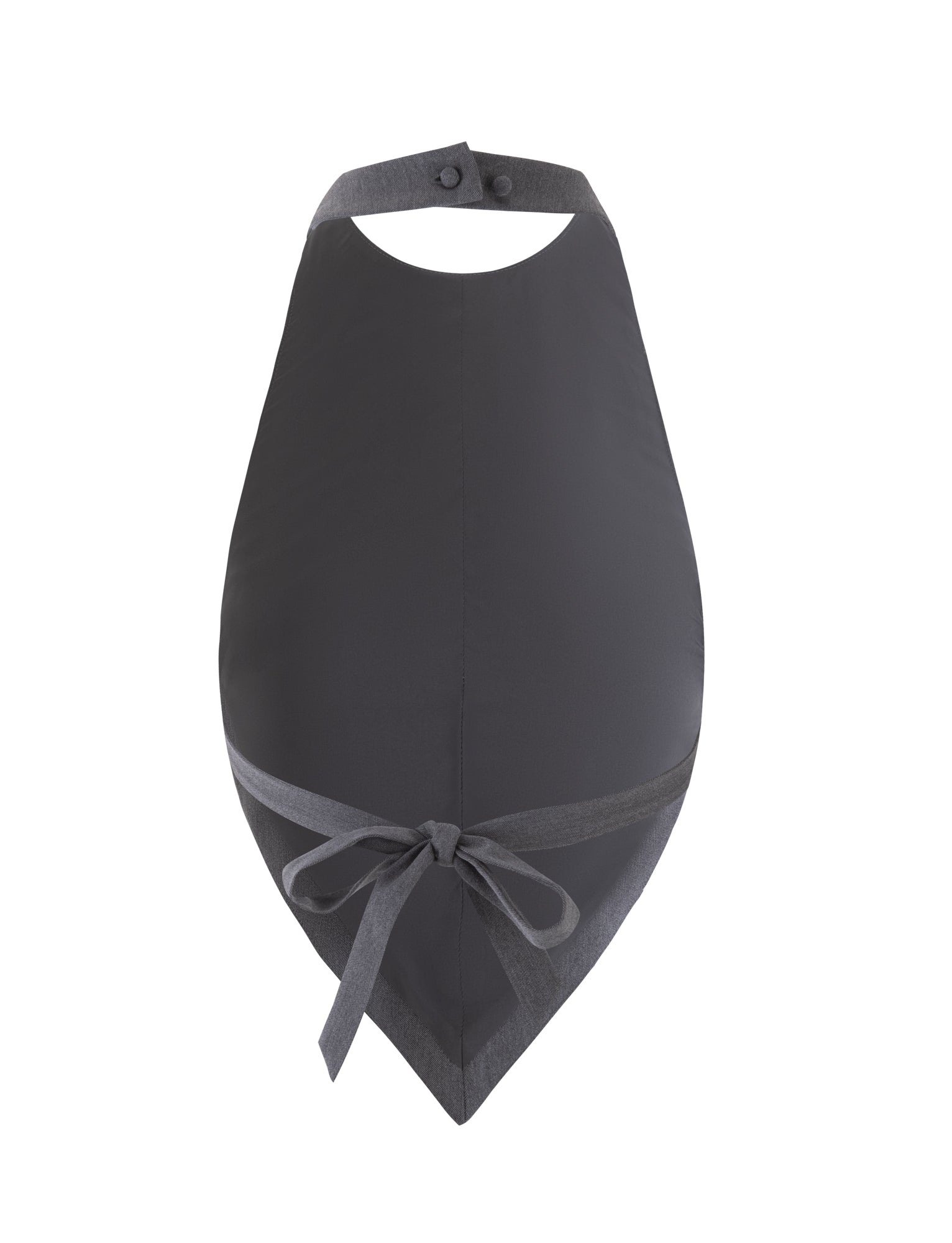 The NADINE VEST - GREY : SILVER : SLATE by TIGERMIST is a sleek, dark gray halter-style apron with a neck strap secured by two buttons. Its pointed hem and waist tie accentuated by a matching gray bow deliver a fitted and stylish appearance.