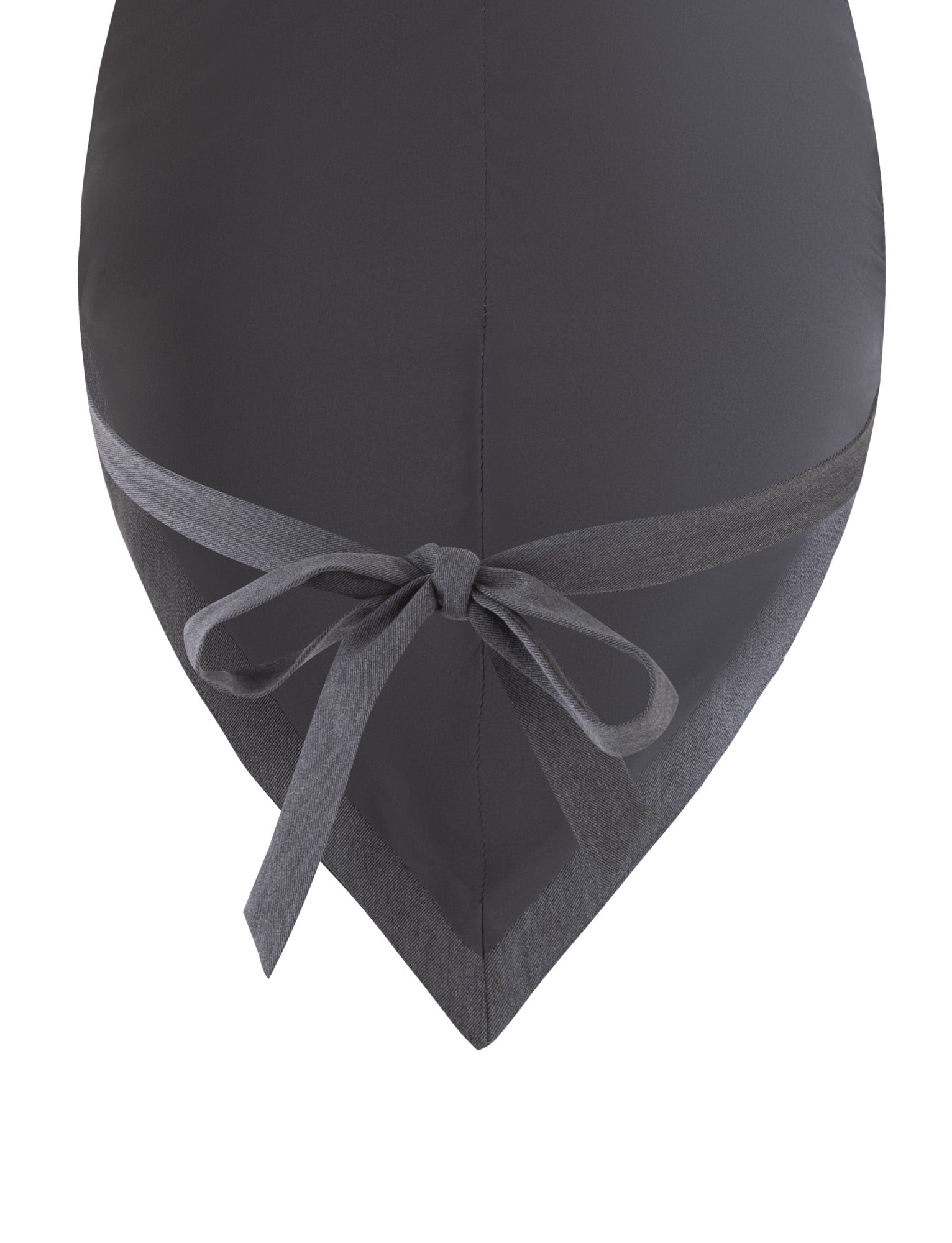 Close-up of a black fabric from Tigermist's NADINE VEST - GREY : SILVER : SLATE, featuring a dark grey triangular hem tied into a simple bow at the center. The texture appears smooth, and the hemline suggests it is part of a garment or piece of clothing.