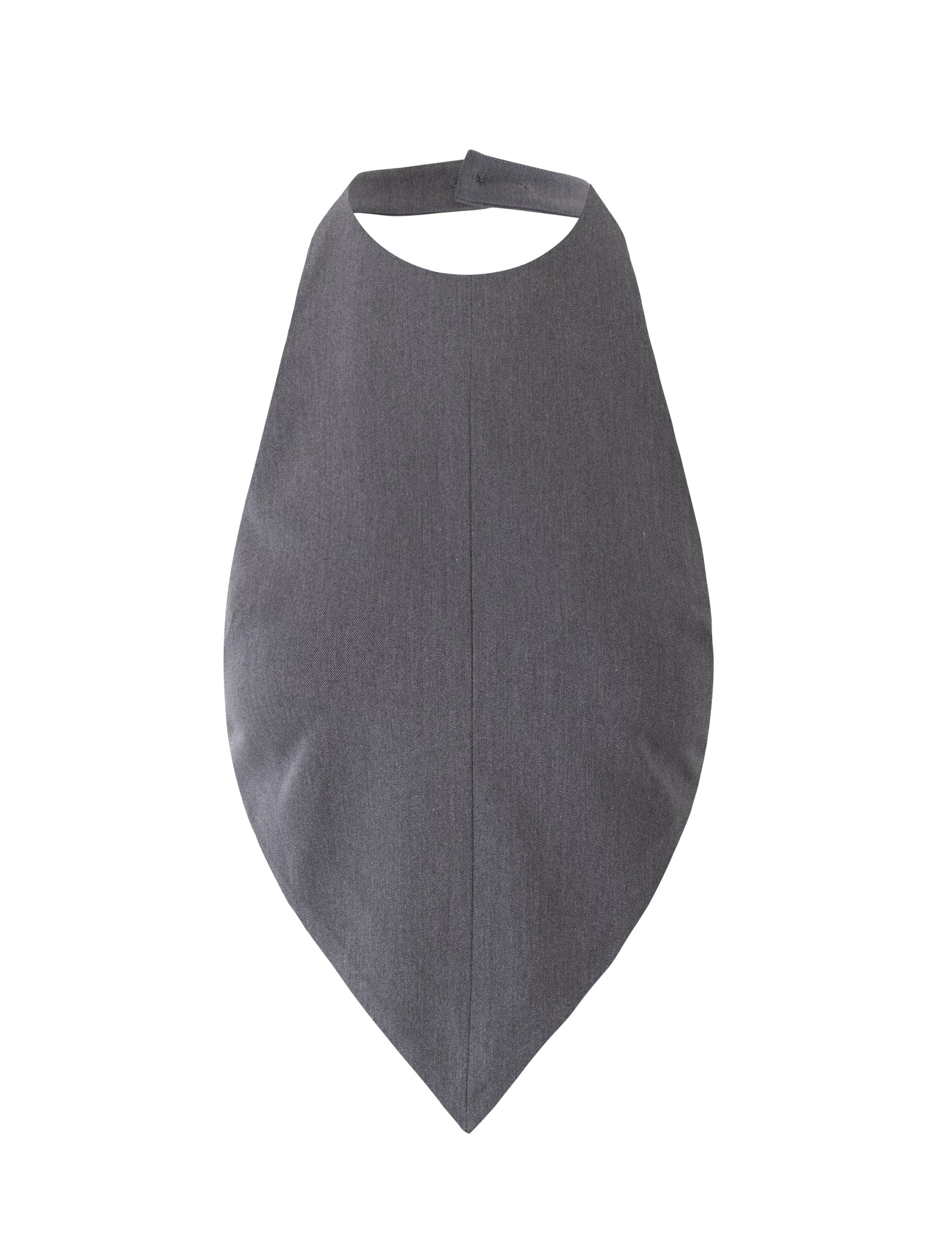 The NADINE VEST - GREY : SILVER : SLATE by TIGERMIST is a stylish piece with a textured fabric appearance, shaped like an elongated oval with a pointed end. This design features a convenient neck strap at the top for fastening. The vest boasts a modern and elegant look, making it suitable for both functional and aesthetic purposes.