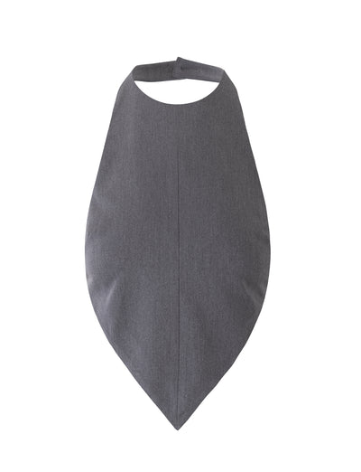 The NADINE VEST - GREY : SILVER : SLATE by TIGERMIST is a stylish piece with a textured fabric appearance, shaped like an elongated oval with a pointed end. This design features a convenient neck strap at the top for fastening. The vest boasts a modern and elegant look, making it suitable for both functional and aesthetic purposes.