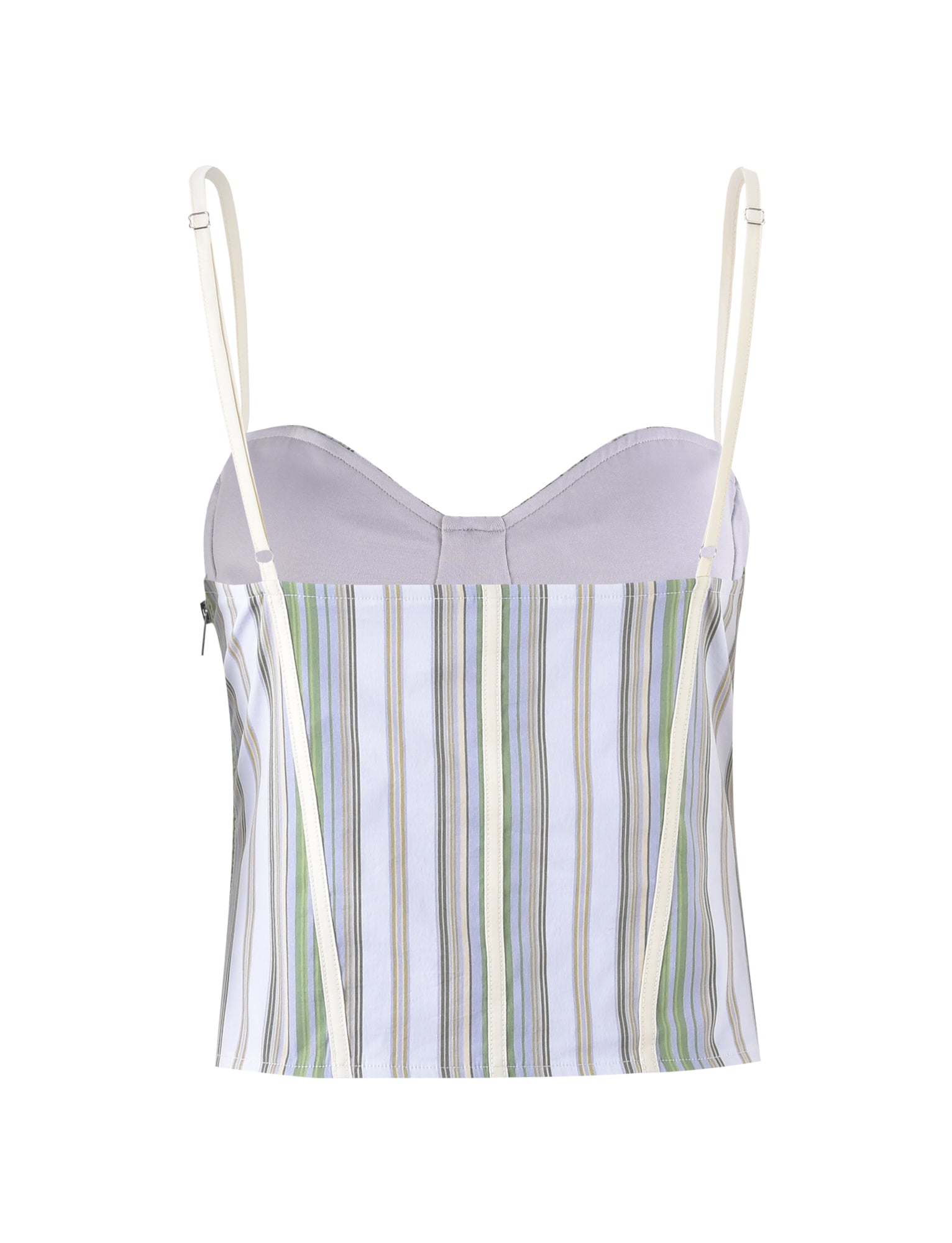 The LILIOSA TOP - GREEN : STRIPE from TIGERMIST is a cropped women's top with thin adjustable spaghetti straps. It features vertical stripes in white, green, and light blue colors, along with a fitted bust area and a slightly flared waist. The fabric is lightweight and ideal for warm weather.