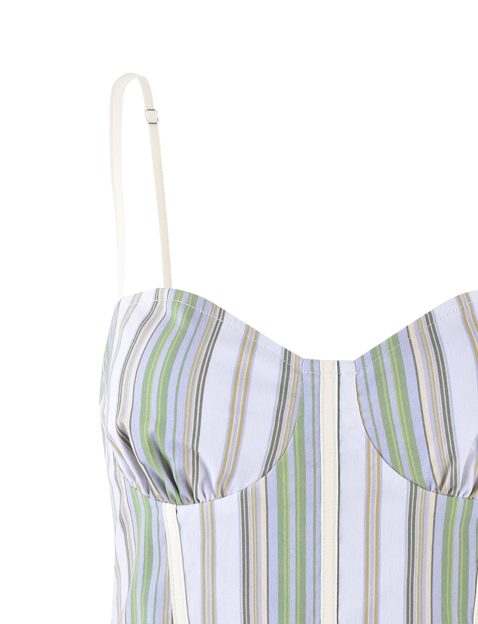 A close-up image of the TIGERMIST LILIOSA TOP - GREEN : STRIPE, showcasing its sleeveless design and adjustable spaghetti straps. The top features vertical stripes in shades of green, blue, yellow, and white with a fitted bust area for a tailored look. The background is plain white.