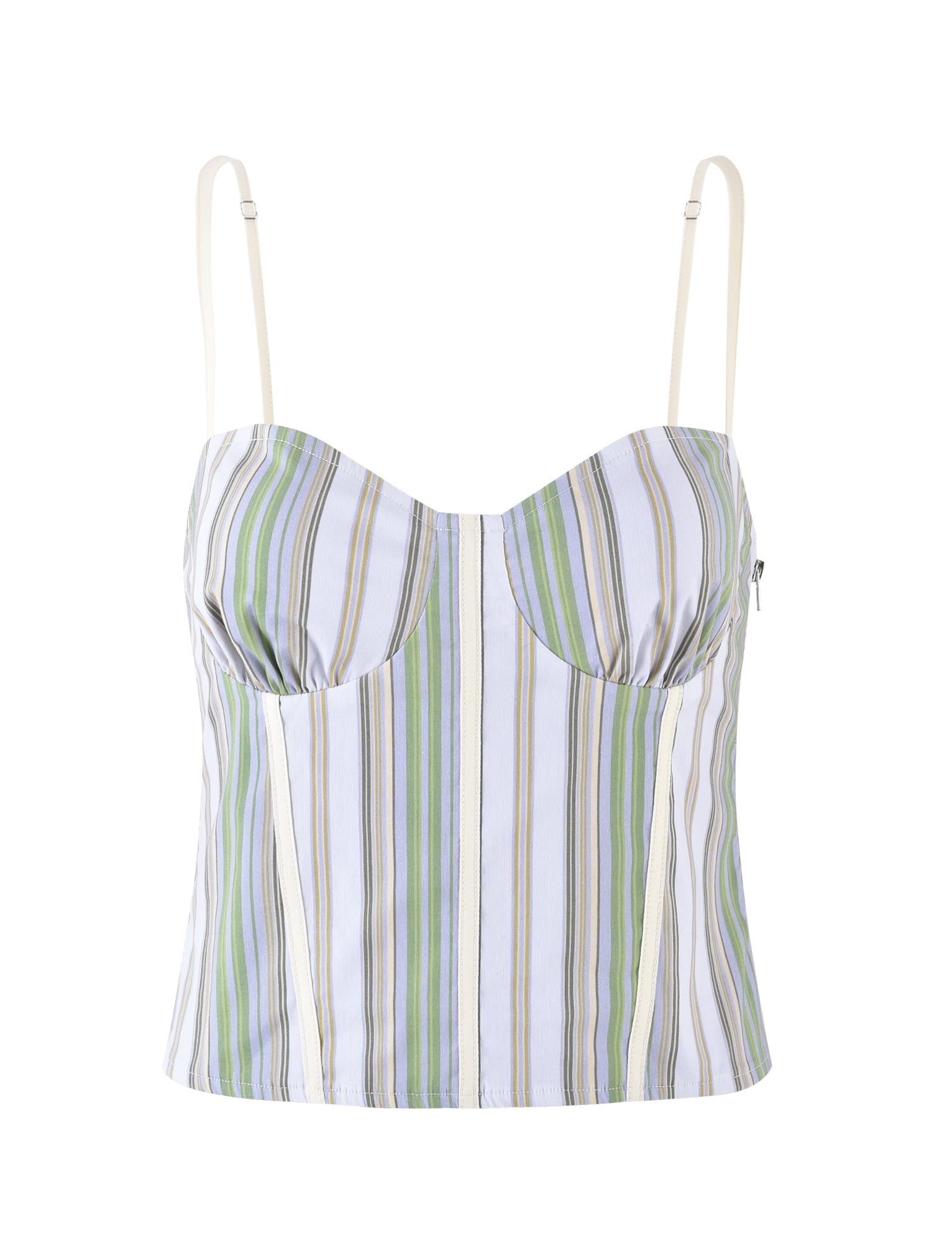 The LILIOSA TOP - GREEN : STRIPE by TIGERMIST is a stylish, fitted piece featuring vertical blue, green, and white stripes. It includes thin white spaghetti straps and a sweetheart neckline with a structured bodice. The fabric appears lightweight and breathable, making it perfect for warm weather.