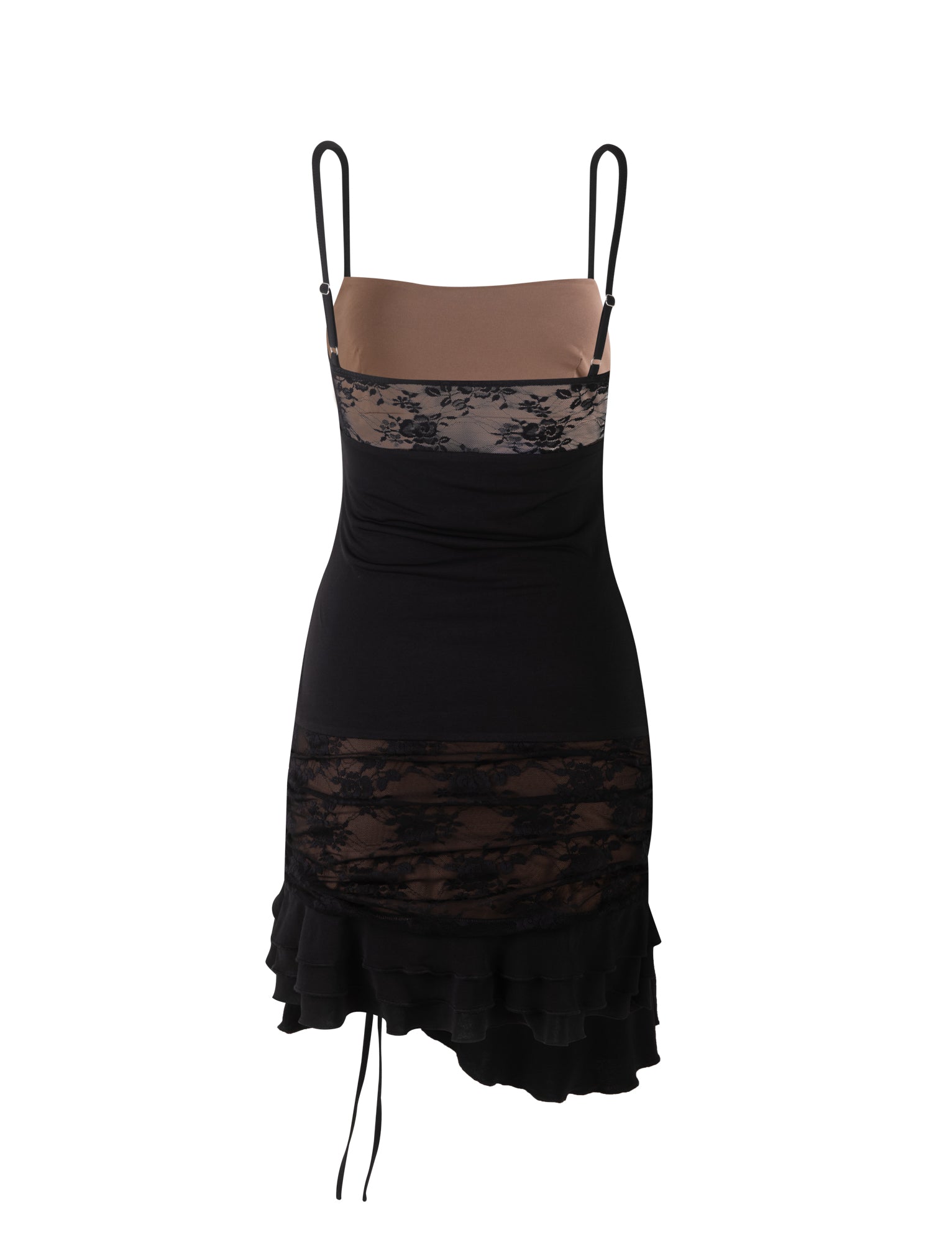 The HUDDA DRESS - BLACK by TIGERMIST is an alluring sleeveless bodycon dress with spaghetti straps. It features a beige upper bodice with a sheer black lace overlay, transitioning to a solid black midsection and ending with another strip of lace, followed by a ruffled hem.
