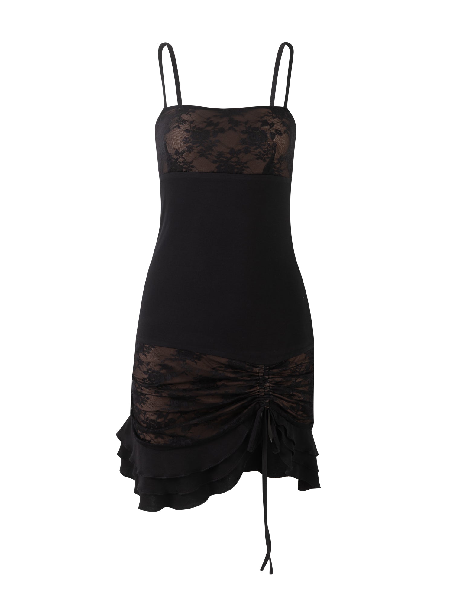 Introducing the HUDDA DRESS - BLACK by TIGERMIST, a black sleeveless bodycon dress featuring slim spaghetti straps. Both the top and lower sections are adorned with a sheer lace overlay, and the skirt includes a drawstring tie at the front, resulting in an elegant ruched effect that culminates in layered ruffles.