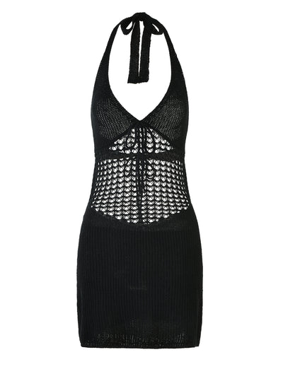 The DELTA MINI DRESS - BLACK from TIGERMIST is a black, knit halter dress featuring an open, lace-like pattern on the upper and midsection, with a solid knit on the lower half. It includes a tie at the neck and has a plunging neckline.