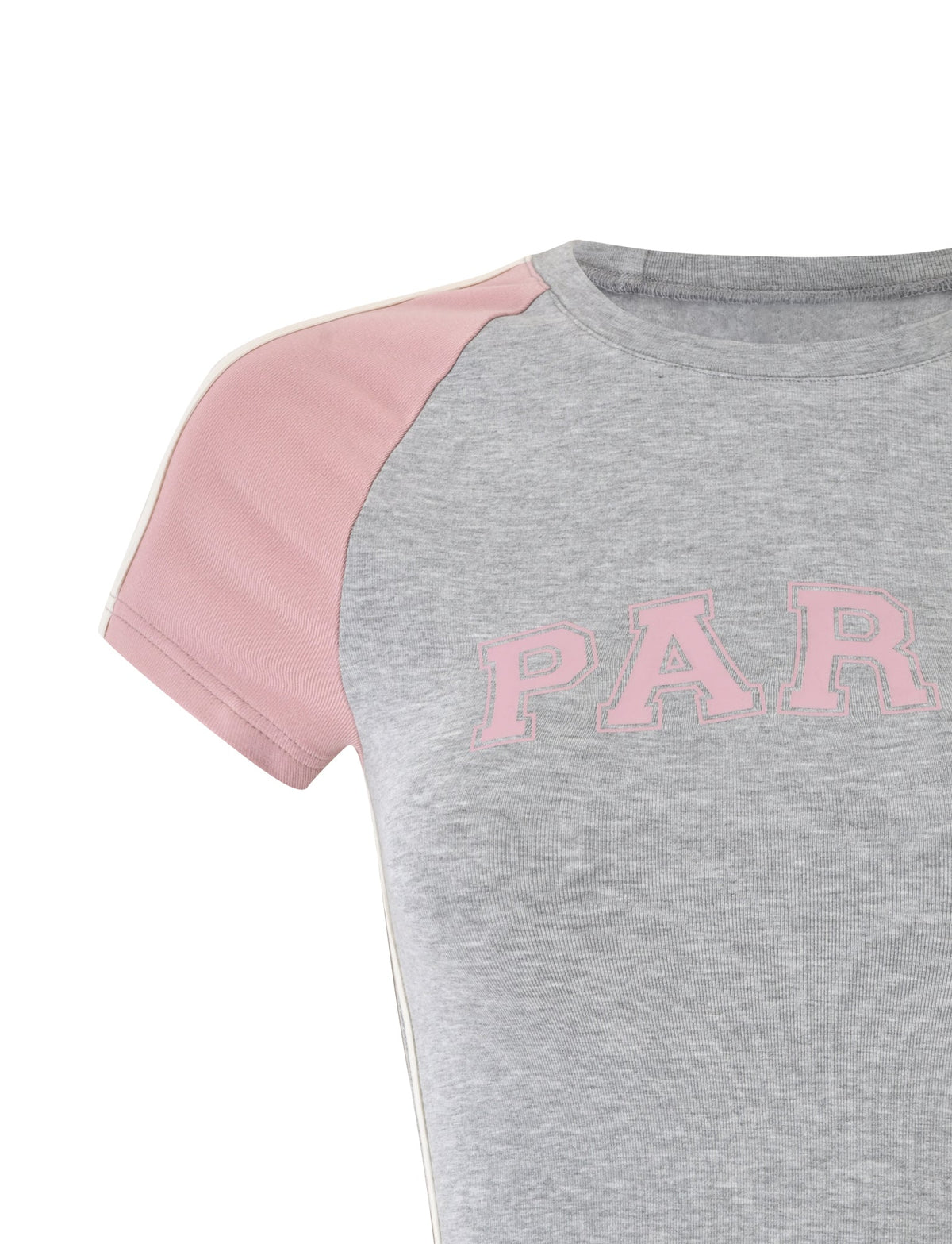 A close-up image of the JAYLEE TEE - GREY from TIGERMIST shows a gray T-shirt with pink text that partially reads "PAR" across the chest. This shirt features short sleeves with a pink and white color block design on the shoulders, and the fabric appears soft and comfortable.