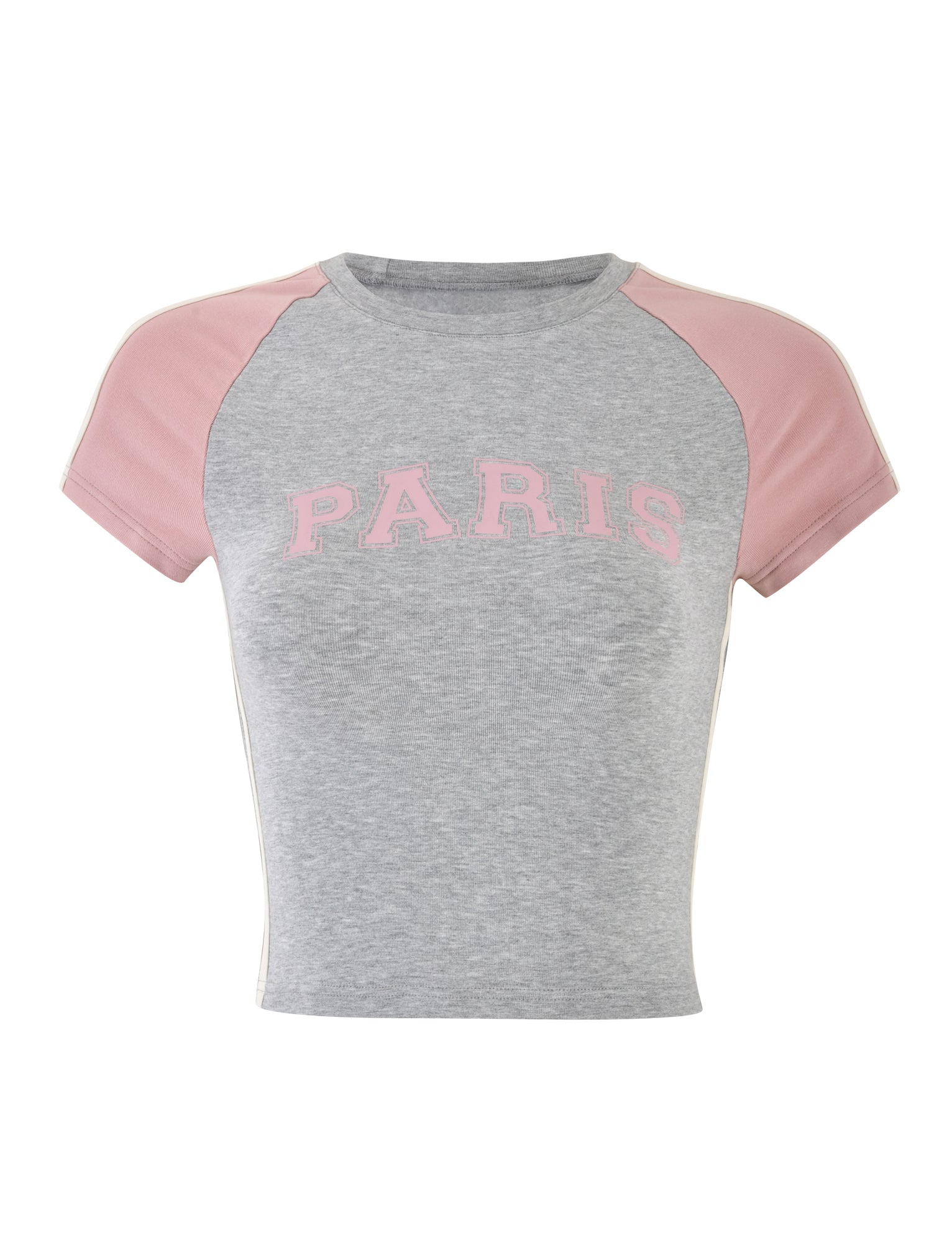 A short-sleeved, casual women's t-shirt from TIGERMIST named the JAYLEE TEE - GREY features grey front and back panels with pink raglan sleeves. The word "PARIS" is printed in light pink capital letters across the chest.