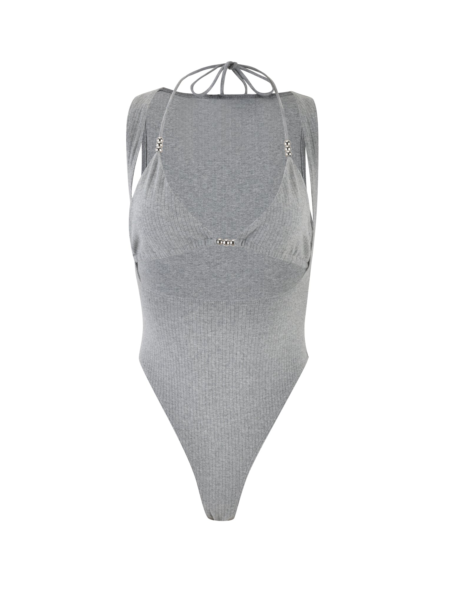 The image features the TARYN BODYSUIT - GREY from TIGERMIST, showcasing a halter neckline and ribbed texture. It includes decorative metallic accents at the front and a high-cut leg design, offering a sleek and form-fitting appearance.
