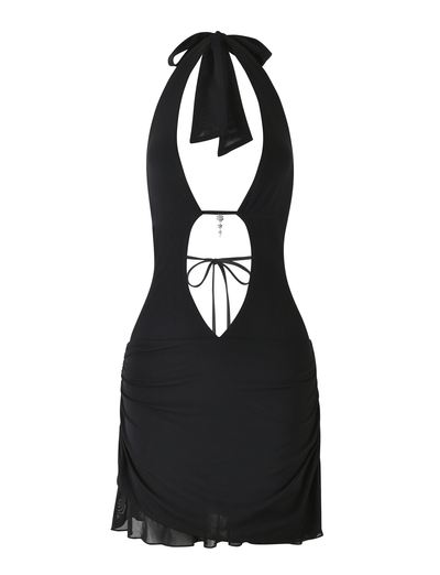 The ESHA DRESS by TIGERMIST is a sleeveless black cut-out mini with a deep V neckline, front tie detail, ruched sides, bodycon fit, and an asymmetrical sheer hem.