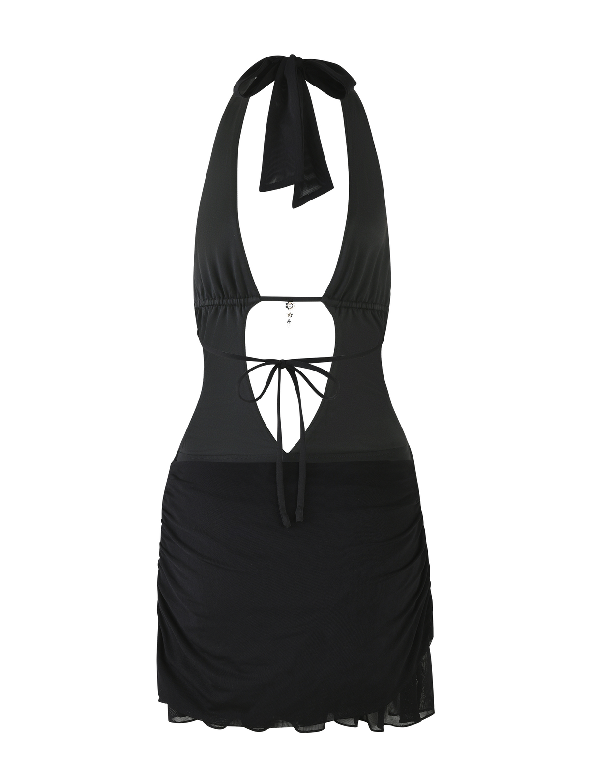 The ESHA DRESS - BLACK by TIGERMIST is a mini black bodycon dress with a halter neck, plunging neckline, open back with tie details, slight ruching on the skirt, and a sheer hem overlay.