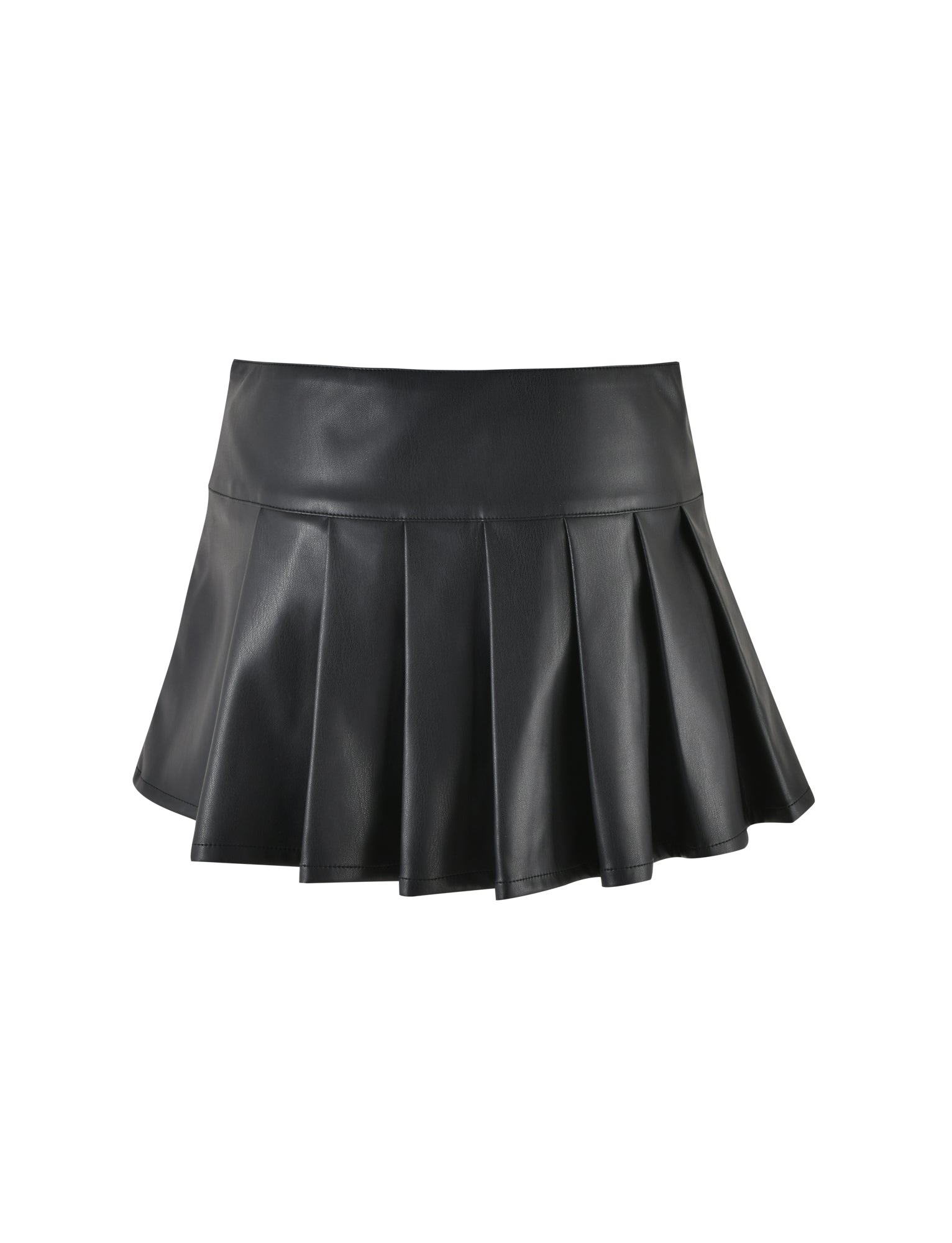 The TIGERMIST MERRI SKIRT - BLACK : BLACK PU is a short pleated black leather skirt that stands out against a white background. It features a wide waistband and evenly spaced pleats that flare out, creating a structured and stylish look.