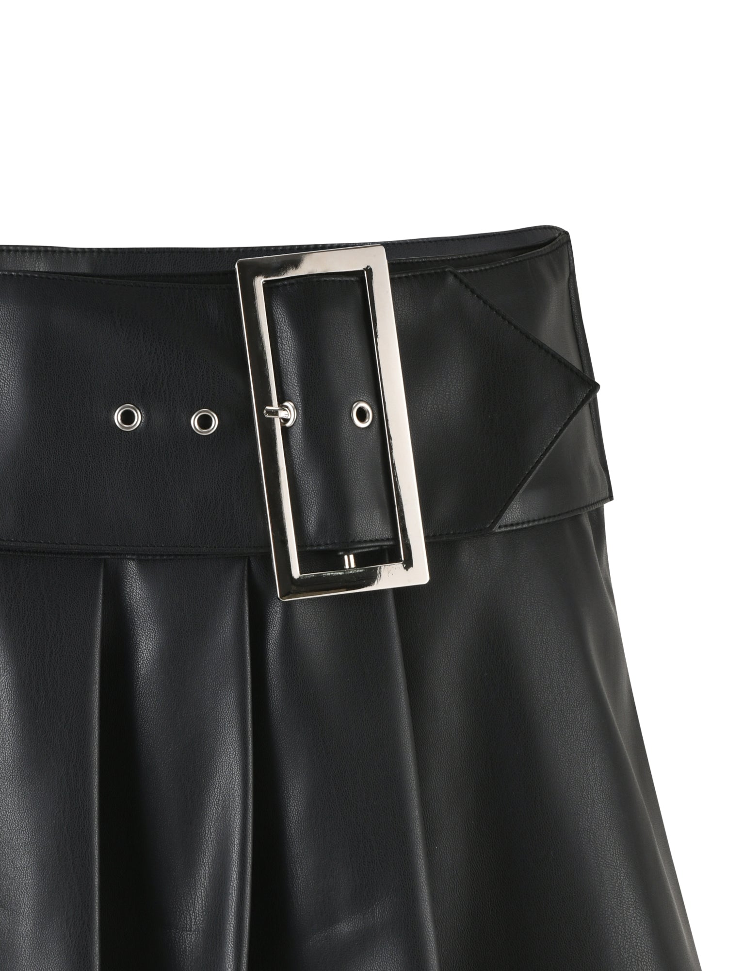 Close-up of the MERRI SKIRT - BLACK by TIGERMIST, featuring a black pleated leather design with a wide waistband adorned with a large rectangular silver buckle and two grommet holes on each side. The skirt boasts a sleek, shiny finish and a modern, structured design.