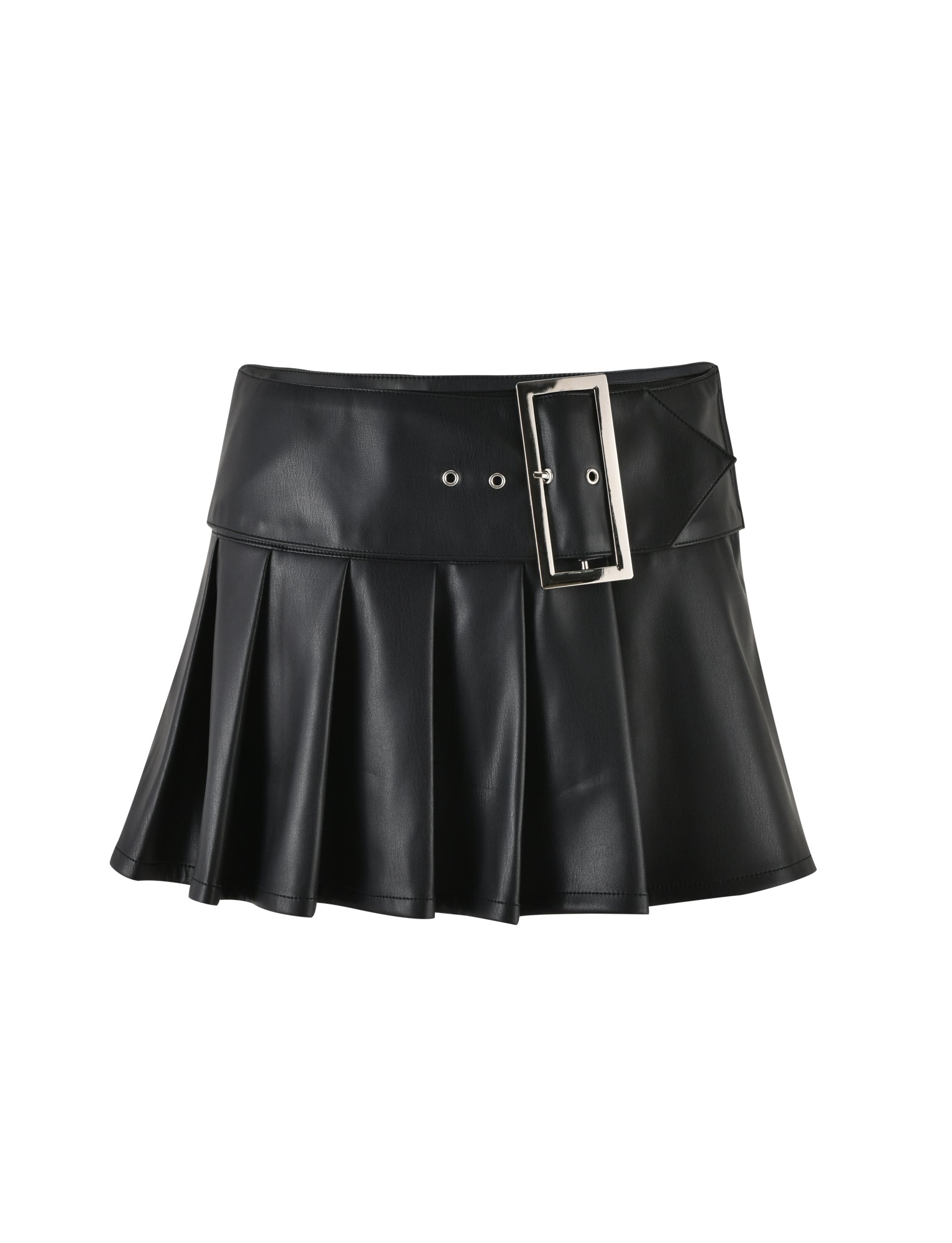 Presenting the MERRI SKIRT - BLACK in Black PU by TIGERMIST. This chic faux leather mini skirt boasts a flared design and features a wide waistband adorned with eyelet details and an off-center, large square silver buckle to the right. The glossy finish adds a touch of glam, perfect for any stylish occasion.