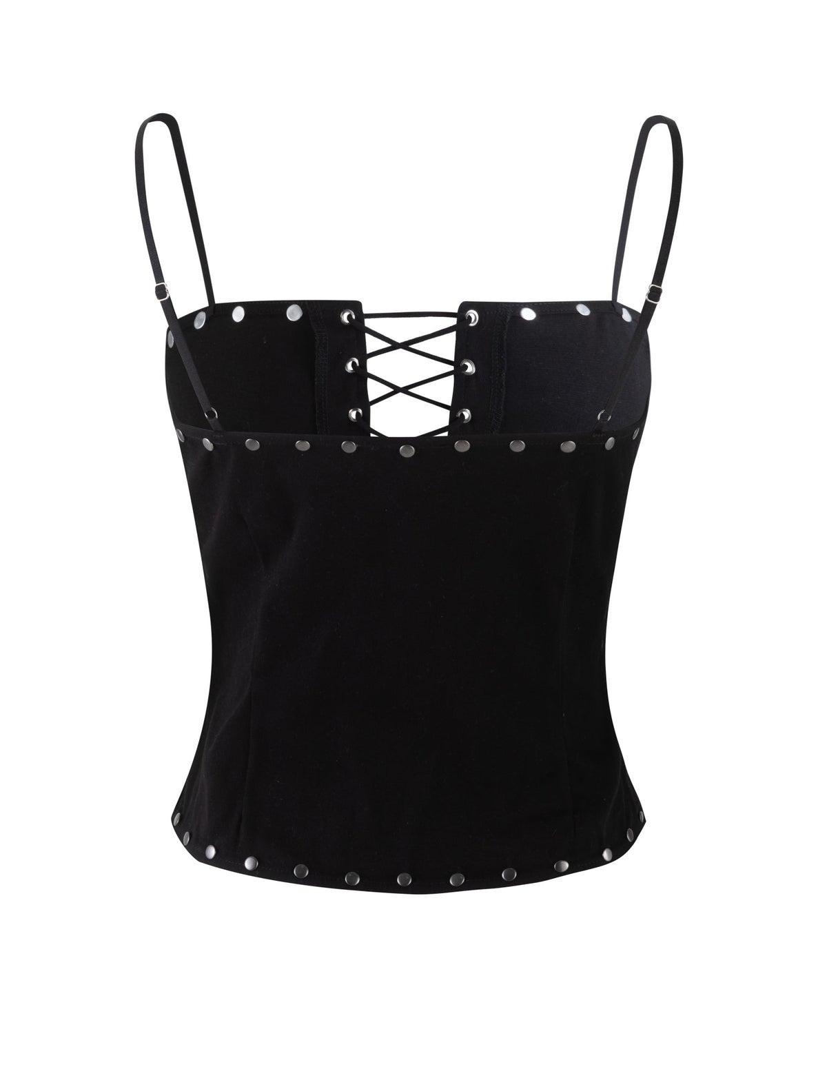The KERI TOP - BLACK by TIGERMIST is a black corset-style top featuring thin straps, a lace-up front, and silver rivet detailing along the top and bottom edges. Crafted from fabric that appears to be velvet or suede, its fitted and structured design delivers a sleek, edgy look.