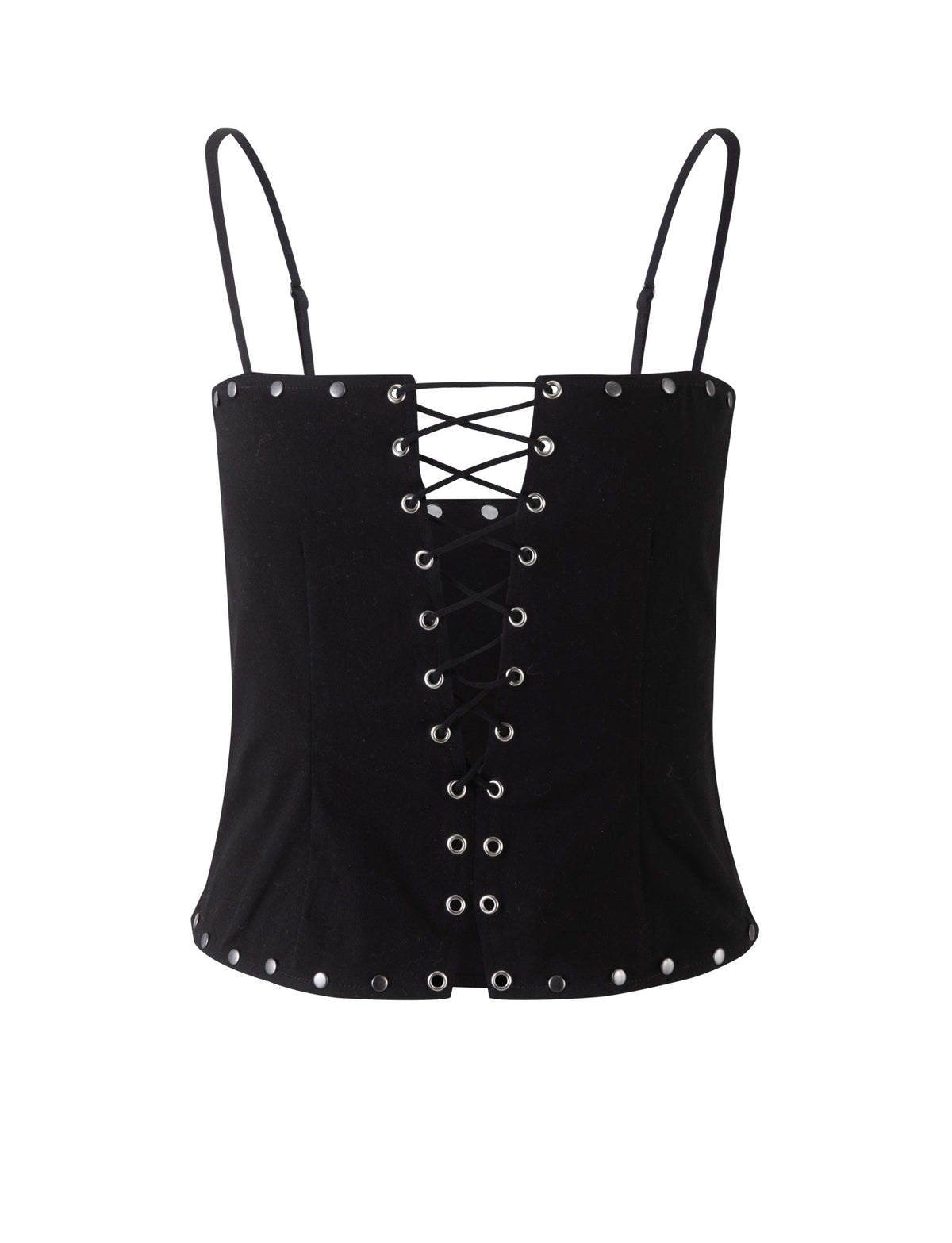 The KERI TOP - BLACK by TIGERMIST is a black corset top with thin spaghetti straps and a lace-up front design, featuring metal eyelets and grommets along the edges.