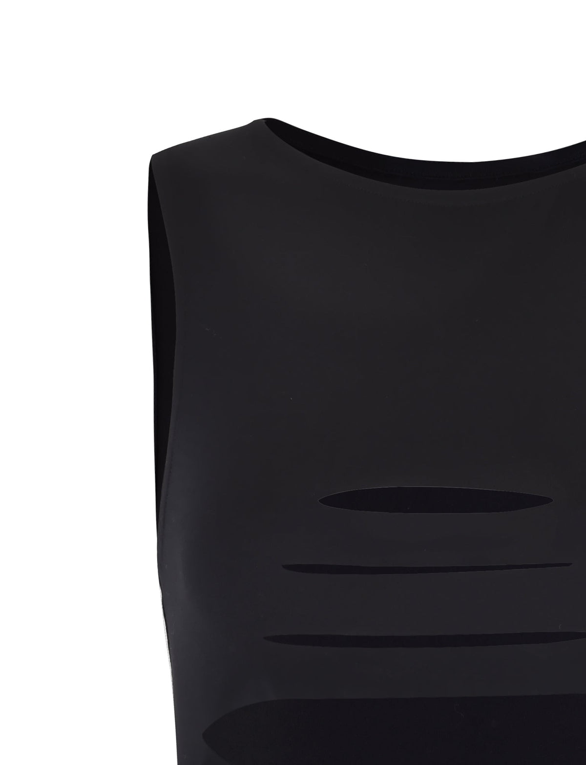 A close-up of the KATO TOP - BLACK by TIGERMIST, a black sleeveless shirt boasting a smooth, minimalist design. The top is distinguished by stylishly cut horizontal slits across the chest area, set against a plain white background.