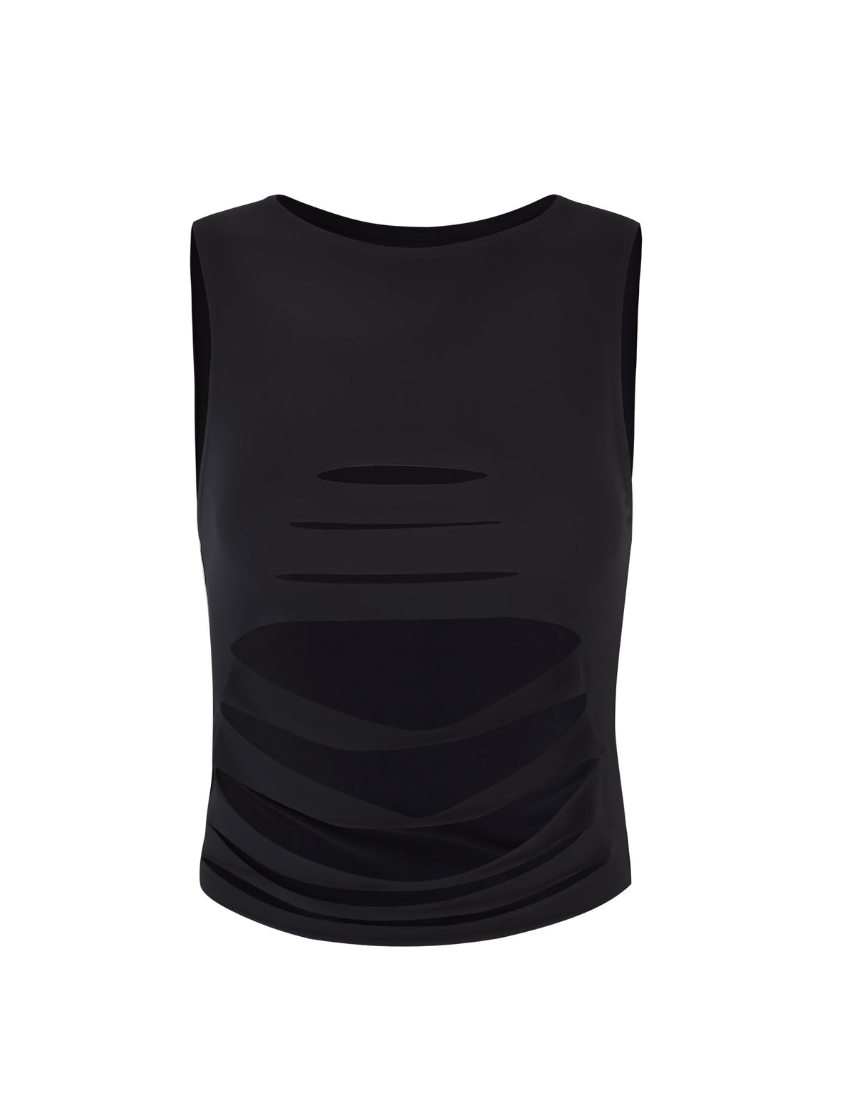 The KATO TOP in black from TIGERMIST is a sleeveless top with a high neckline and horizontal cut-out slits across the front. Made from stretchy, form-fitting fabric, this design creates a layered, edgy look. The product is showcased against a plain white background.