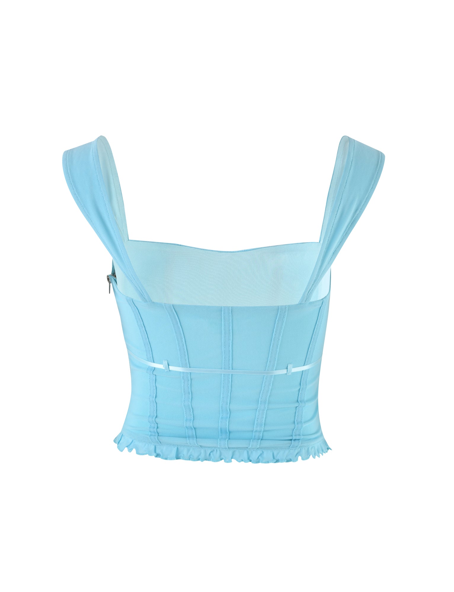The ELARA TOP - BLUE : BABY BLUE by TIGERMIST is a light blue corset-style top that features wide shoulder straps and a square neckline. It includes structured boning details on the back and a side zipper for ease of wear. The hem is adorned with a ruffled trim, adding a feminine touch to the design.