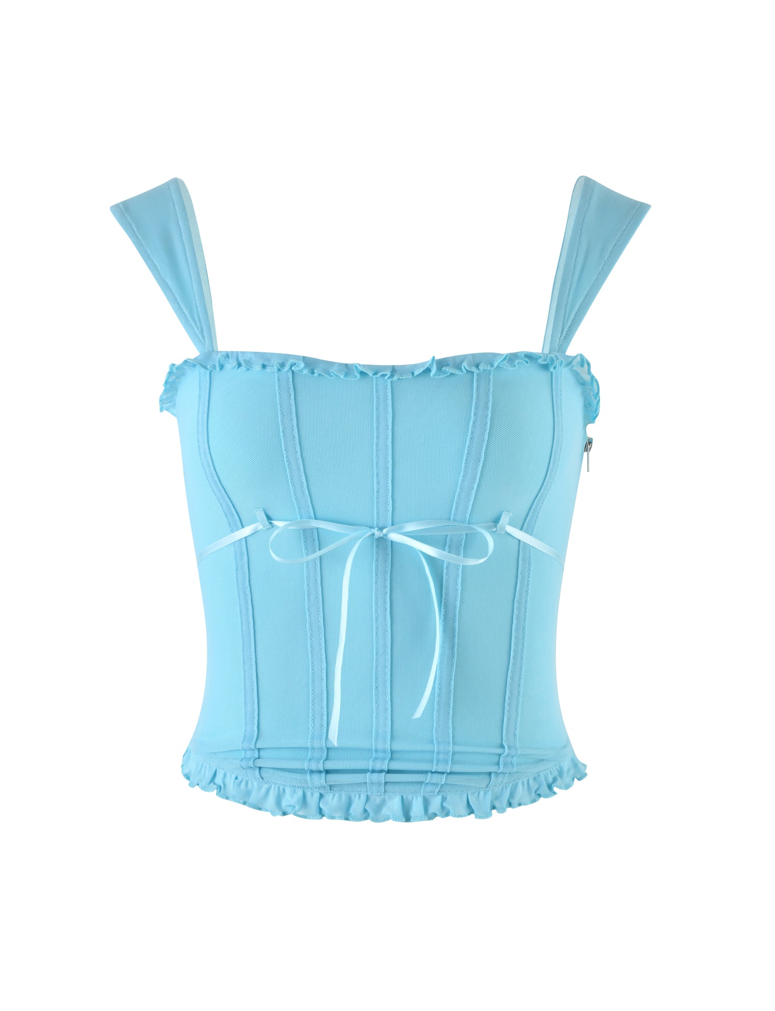 The ELARA TOP in Baby Blue by TIGERMIST is a corset-style top featuring wide straps, vertical seam detailing, a lace-up front with a bow tie, and ruffled trim along both the top and bottom edges.