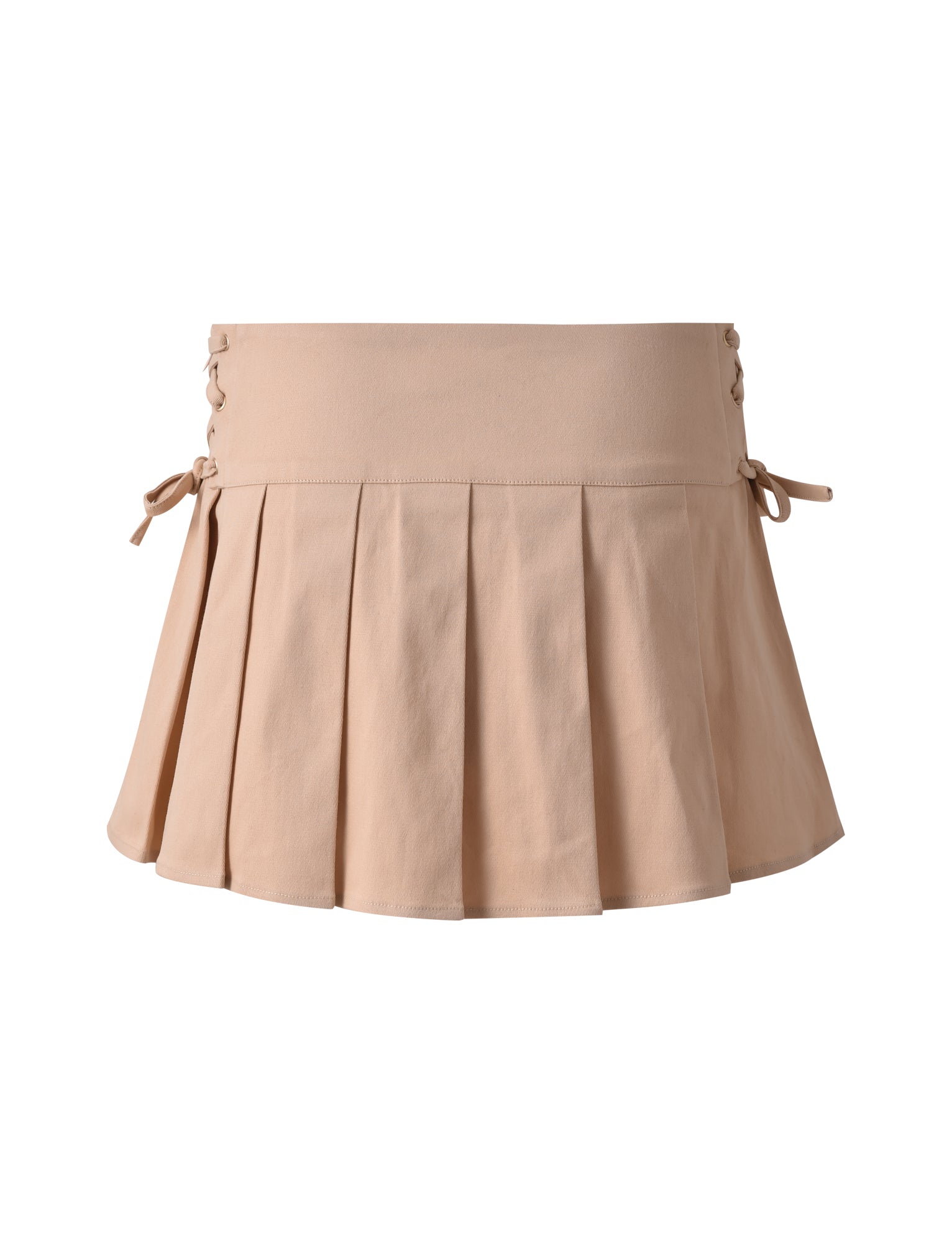 The Tigermist Novalie Skirt in beige features a wide waistband with charming lace-up details and bow ties on both sides. Its pleated design creates a slightly flared silhouette, offering a playful and stylish look that perfectly captures the chic essence of Tiger Mist.