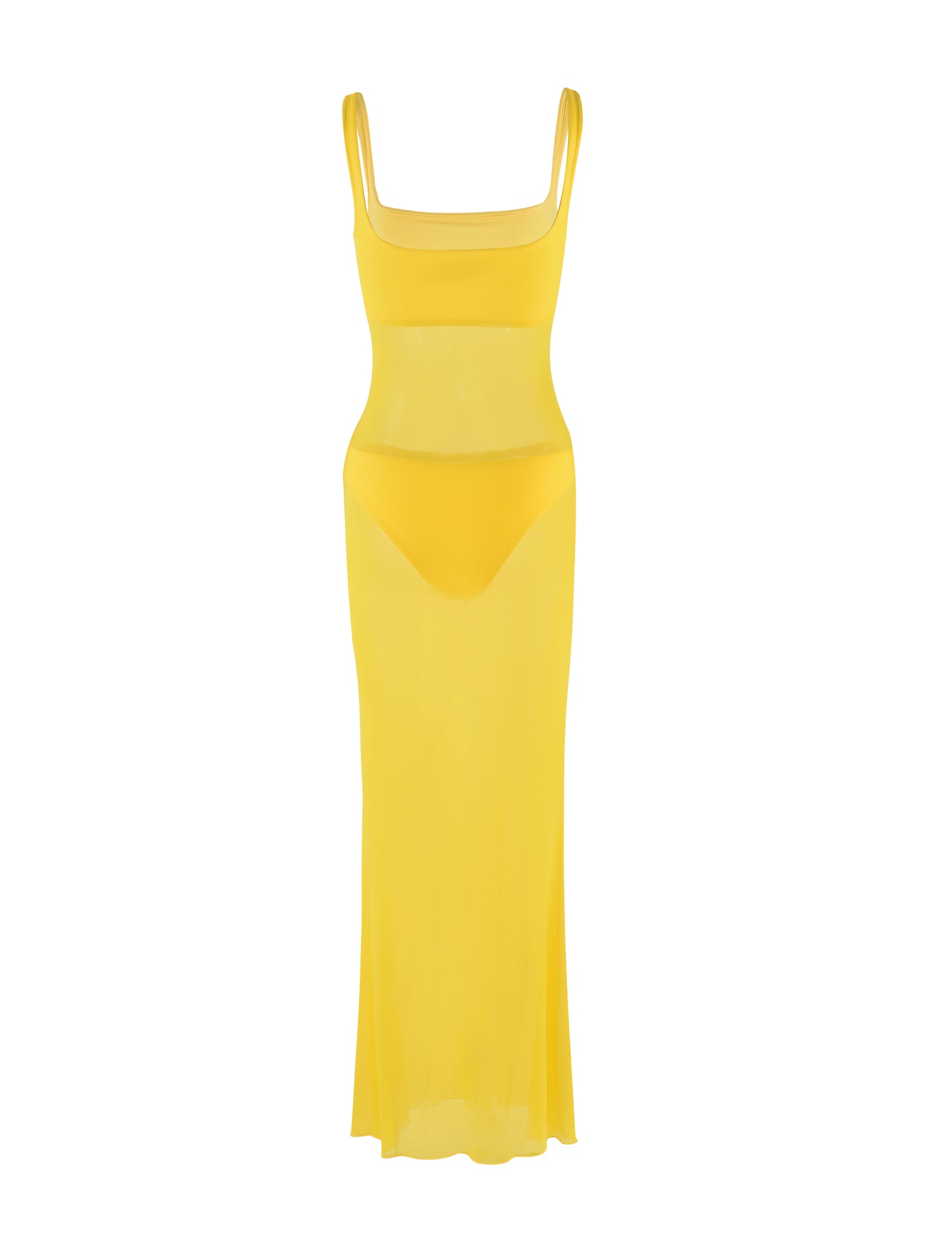 The SAMIR DRESS by TIGERMIST is a vibrant neon yellow sheer bodycon dress with a square neckline and thin shoulder straps. The dress is ankle-length and features semi-transparent fabric that becomes less opaque around the midsection.