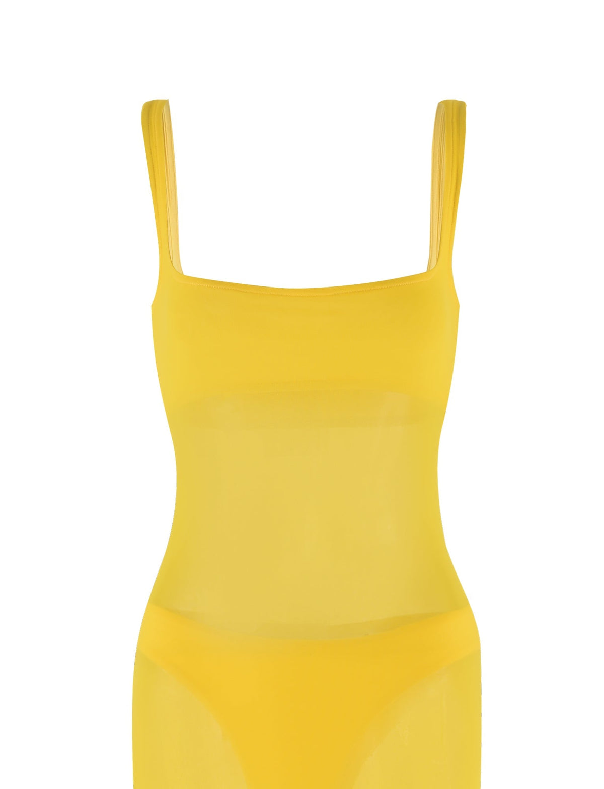 The SAMIR DRESS by TIGERMIST is a bright yellow, sheer sleeveless dress featuring a square neckline. The semi-transparent material allows the outline of undergarments to be visible underneath. With its fitted design and an unseen full length, this dress stands out for its vibrant color and unique style.