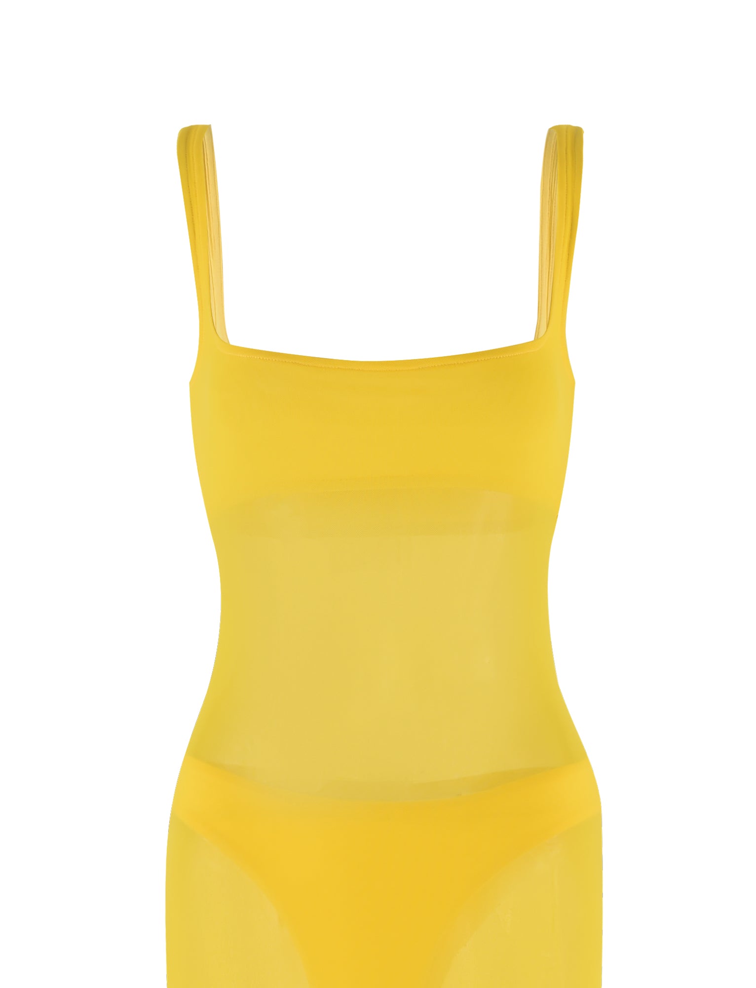 The SAMIR DRESS by TIGERMIST is a bright yellow, sheer sleeveless dress featuring a square neckline. The semi-transparent material allows the outline of undergarments to be visible underneath. With its fitted design and an unseen full length, this dress stands out for its vibrant color and unique style.
