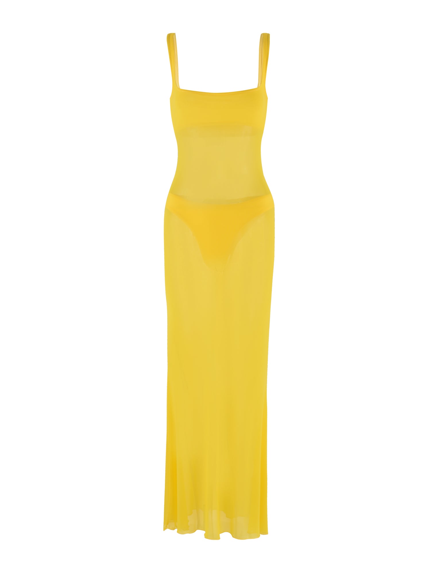 The SAMIR DRESS from TIGERMIST in bright neon yellow is showcased on a white background. This dress boasts spaghetti straps, a square neckline, and a fitted silhouette with a slightly flared hem. Its sheer fabric adds an alluring, partially see-through effect.