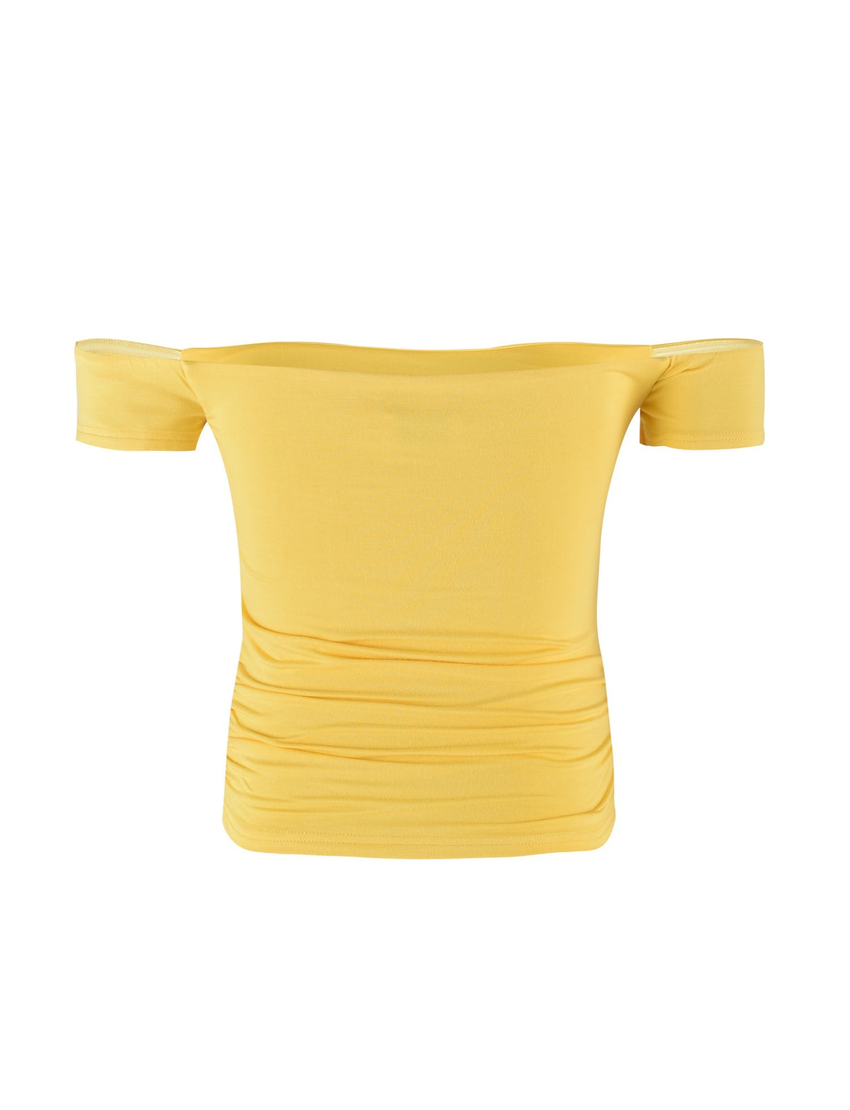 A TIGERMIST CAIDEN TOP in vibrant neon yellow features a chic off-the-shoulder design with short sleeves. This form-fitting piece includes gathered detailing along the sides for added style, and its smooth, stretchy fabric ensures a comfortable fit. The image showcases the front view of this trendy top.