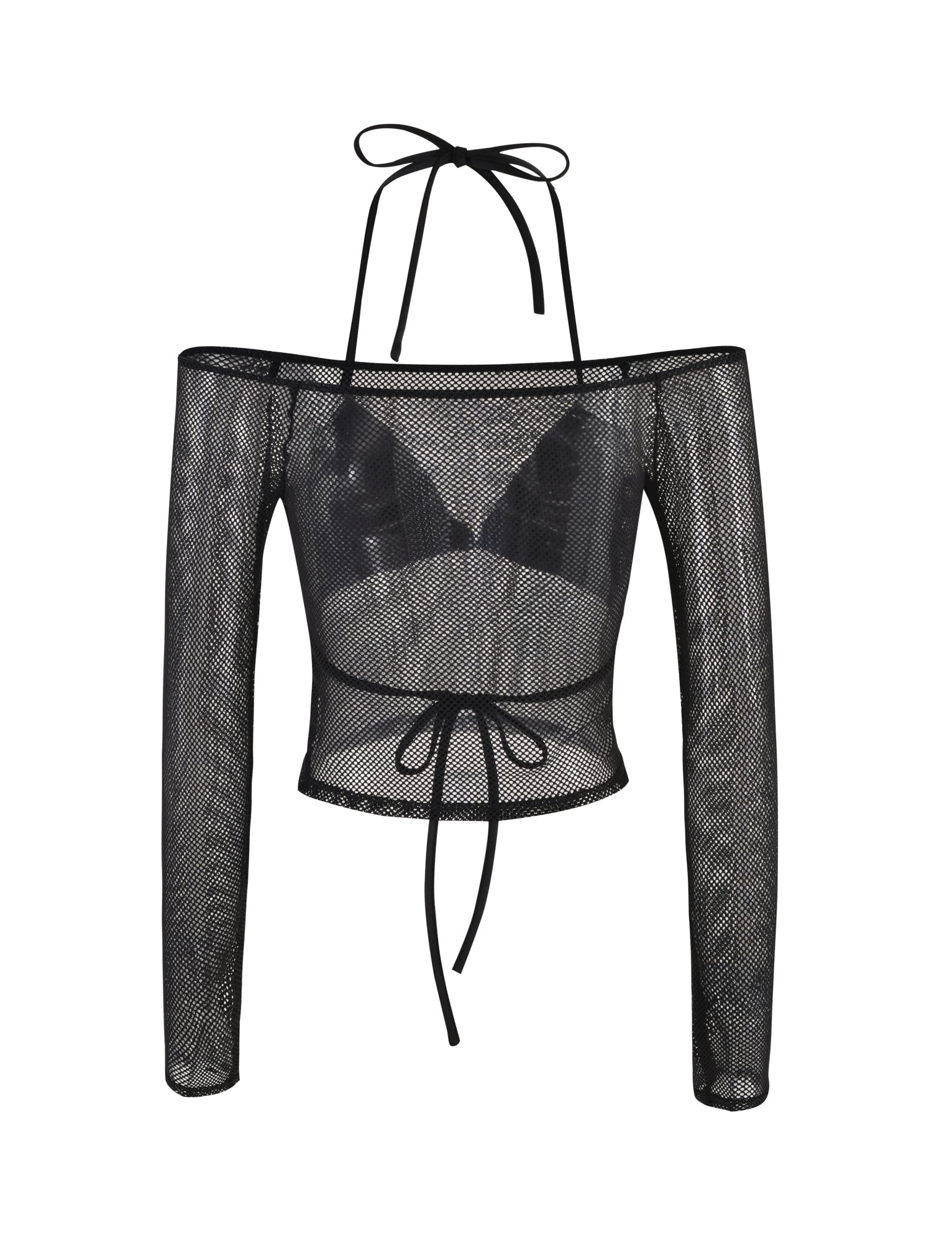 The SAMMI TWO PIECE TOP - BLACK from TIGERMIST is a black, long-sleeved, off-shoulder mesh crop top featuring tie details at the front and neckline. The fabric is transparent, allowing visibility of the included matching bralette underneath. This design boasts a modern and edgy style, perfect for fashion-forward wearers.