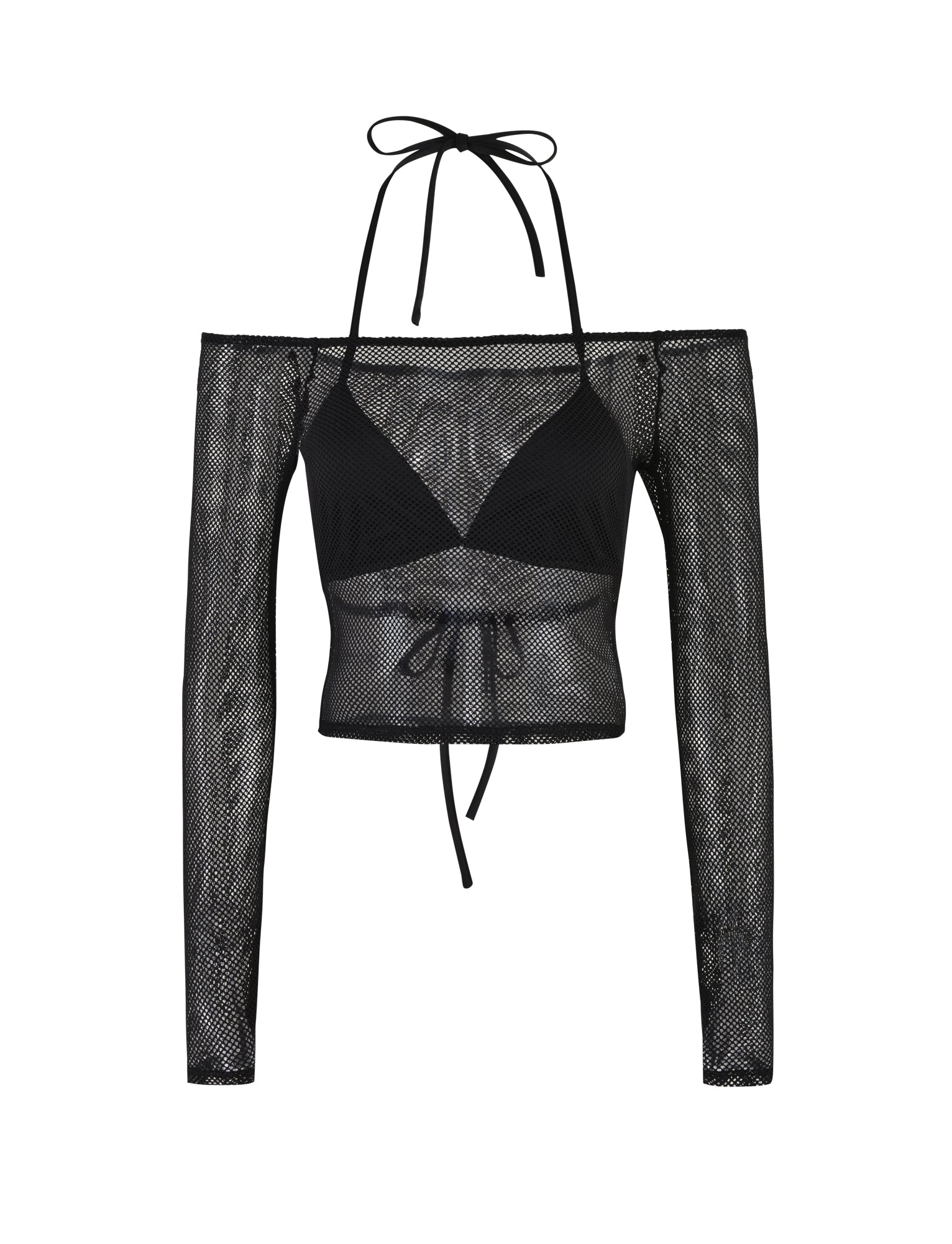 The SAMMI TWO PIECE TOP - BLACK by TIGERMIST is a black long-sleeve mesh crop top, showcasing an off-the-shoulder design with thin shoulder straps tied into a bow at the neck. The mesh overlay reveals a black bralette underneath, fastened at the bust with a thin string.
