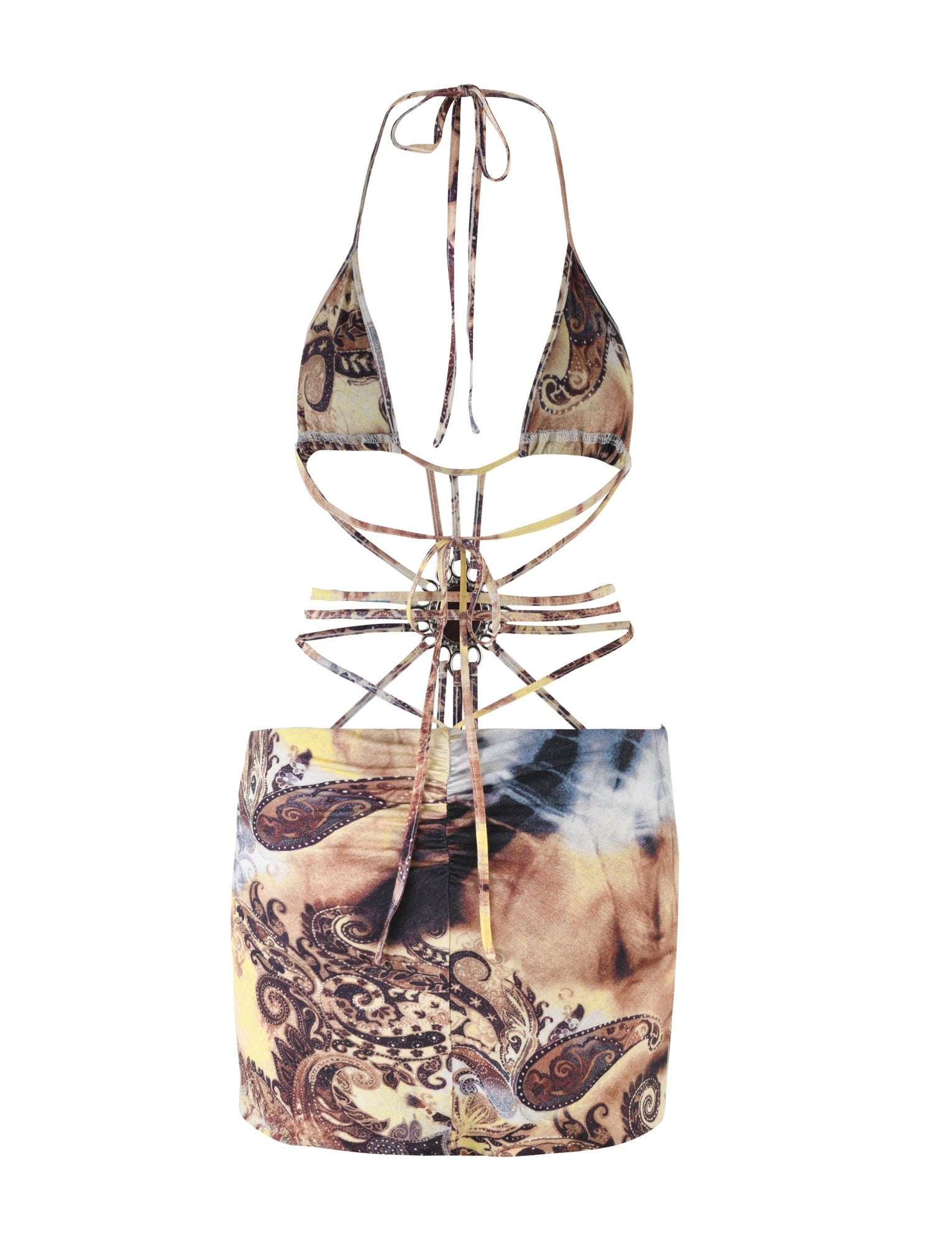 A back view of the TIGERMIST MARCEL DRESS - MULTI : TIE DYE : PAISLEY TIE DYE, featuring an intricate crisscross strap design. The dress showcases a multicolored abstract pattern predominantly in earthy tones and a fitted, short hemline. Thin straps tie around the neck and mid-back.