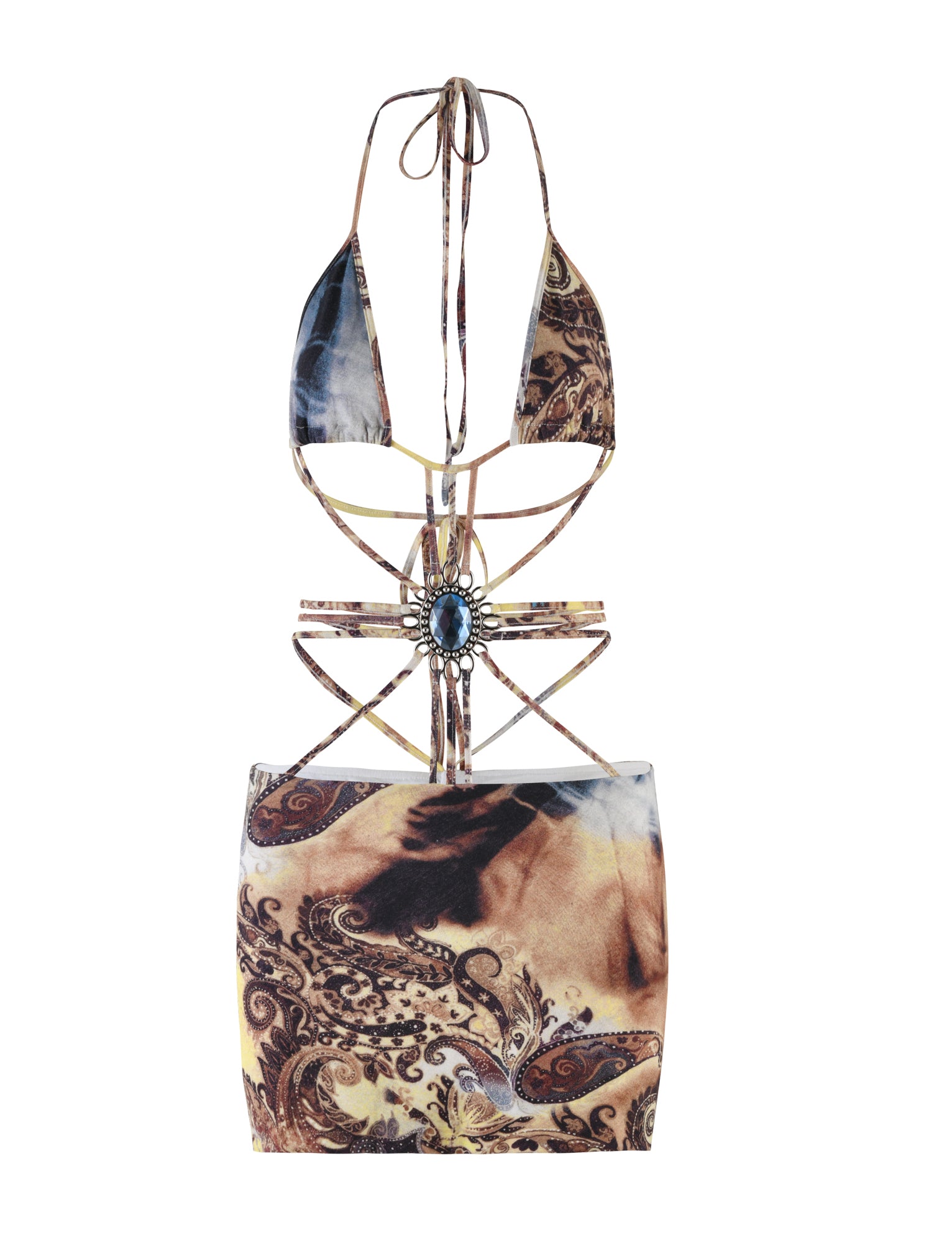 A striking TigerMist dress called the Marcel boasts a tie-dye paisley pattern in earthy tones of brown and beige. This intricately designed piece features a halter neck with a central ornamental jewel, along with elaborate cutouts and strappy details.