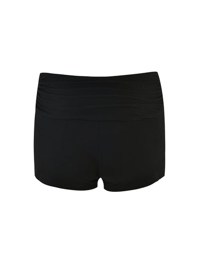 A rear view of the KARINA SHORT - BLACK by TIGERMIST shows a pair of black athletic shorts with a plain design, featuring a wide waistband and no visible logos or designs.