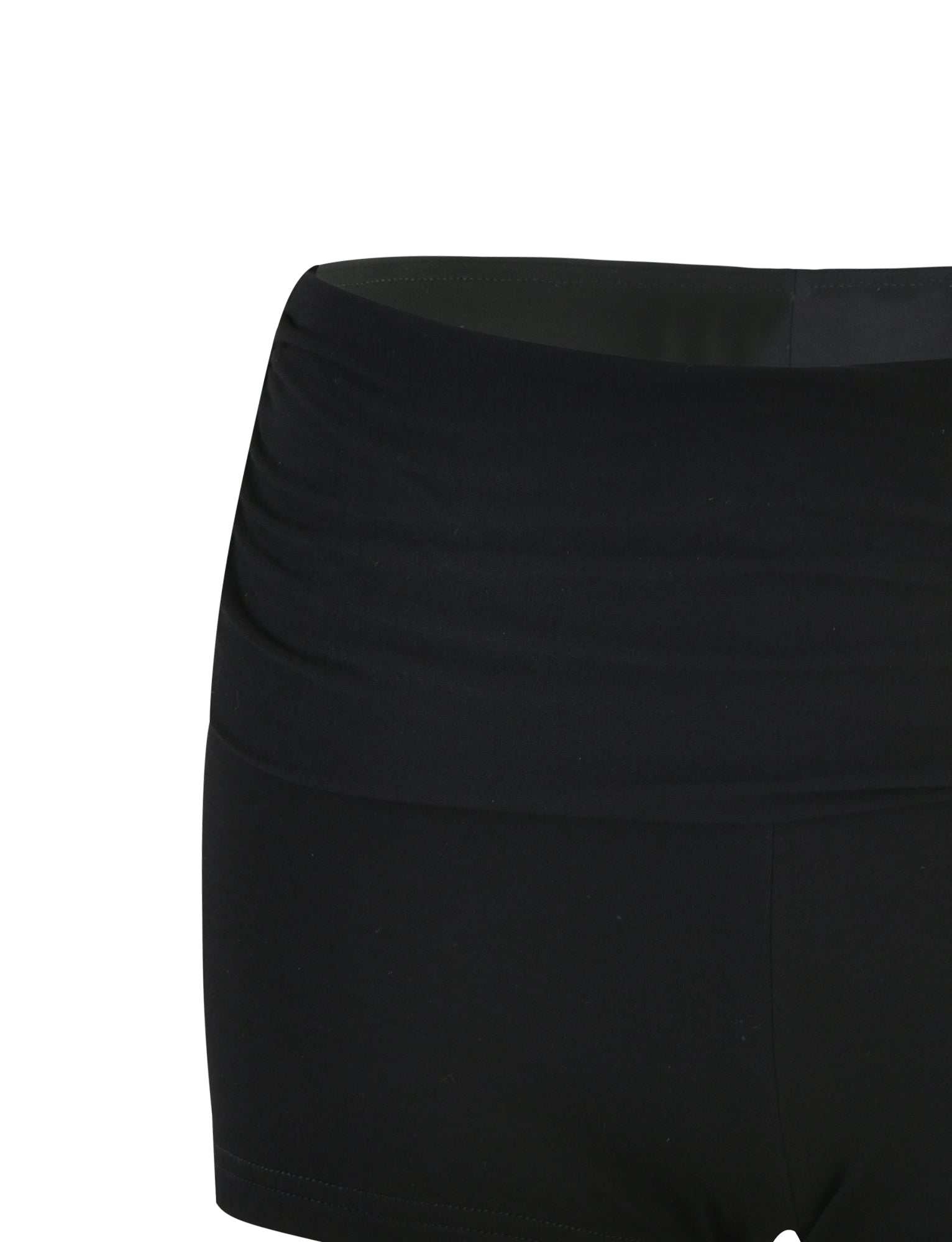 Close-up view of the KARINA SHORT - BLACK, a pair of women's swim shorts with a high waistband, showcasing a sleek design from TIGERMIST. The shorts appear to be made from smooth, stretchy fabric. The leg openings and waistband are visible, but the rest of the garment is not shown.