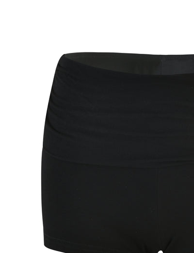 Close-up view of the KARINA SHORT - BLACK, a pair of women's swim shorts with a high waistband, showcasing a sleek design from TIGERMIST. The shorts appear to be made from smooth, stretchy fabric. The leg openings and waistband are visible, but the rest of the garment is not shown.