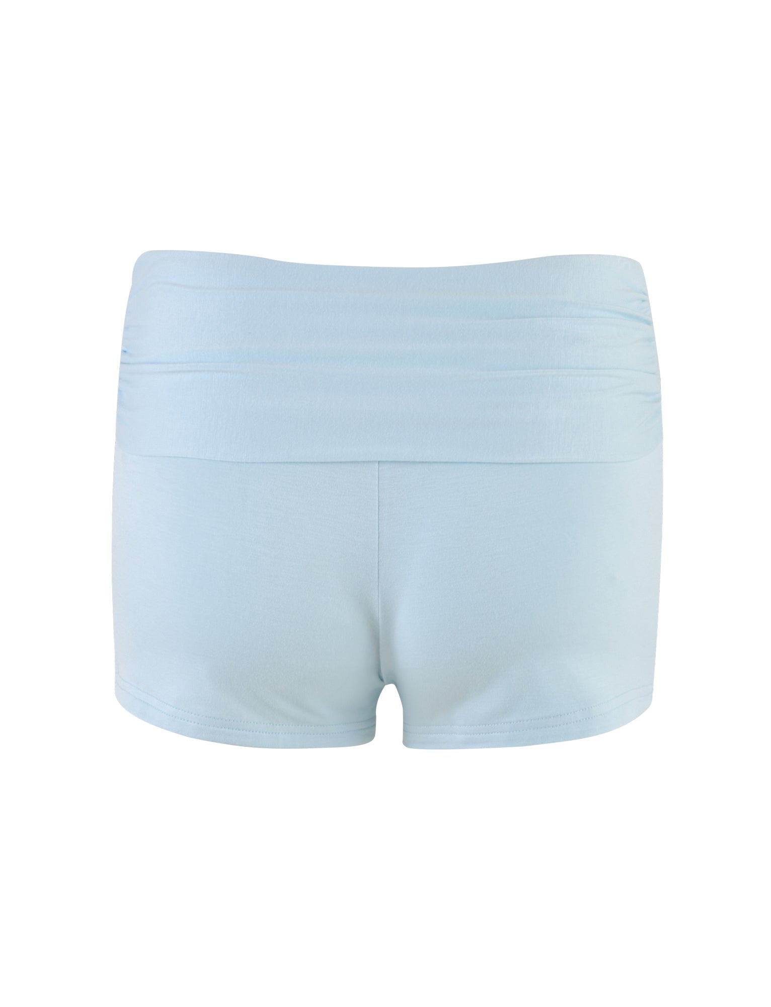 The KARINA SHORT in Pale Blue by TIGERMIST features a high waistband and slight ruching detail at the top. Crafted from soft, stretchy fabric for a snug fit, these pastel blue shorts showcase a stylish design from the back.
