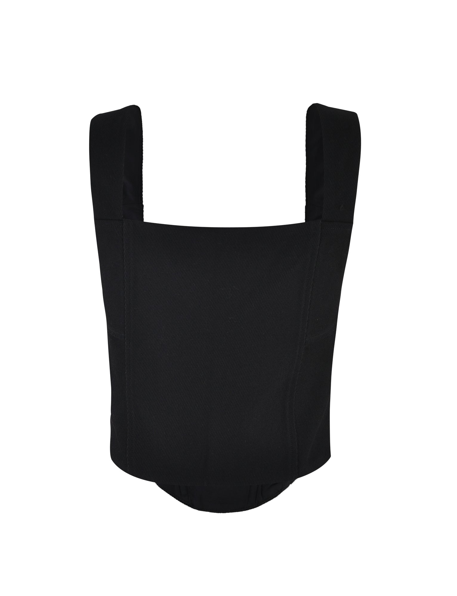 The SULLIVAN TOP - BLACK from TIGERMIST features a square-neck design with wide shoulder straps, a sleeveless cut, and a fitted waist. The thick and resilient fabric contributes to its structured look. The top is showcased on a plain white background.