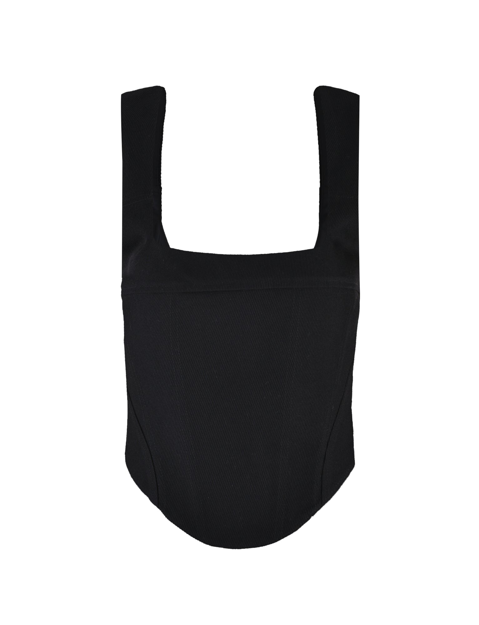 The SULLIVAN TOP - BLACK by TIGERMIST is displayed. The crop top features a sleeveless, square-neck design with wide shoulder straps and a fitted bodice that boasts clean, structured lines. The fabric appears smooth with a slightly textured feel. The top is showcased against a plain white background.