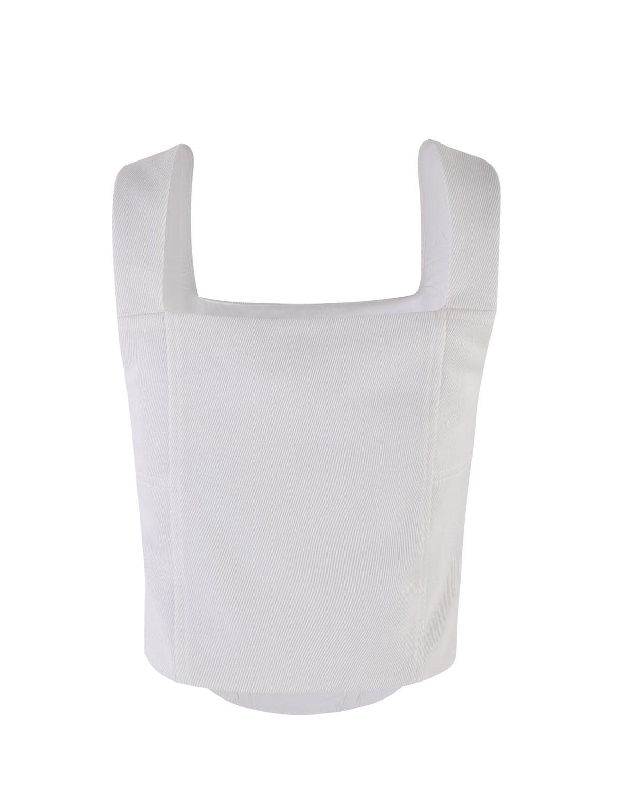 A front view of the white SULLIVAN TOP from TIGERMIST reveals a sleeveless crop top with wide shoulder straps. The ribbed fabric features a square neckline and offers a simple, minimalist design with clean lines and no visible embellishments.