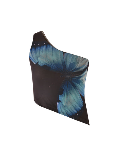 A stylish one-shoulder brown top from TIGERMIST featuring a large, vibrant butterfly print that spans across the fabric.