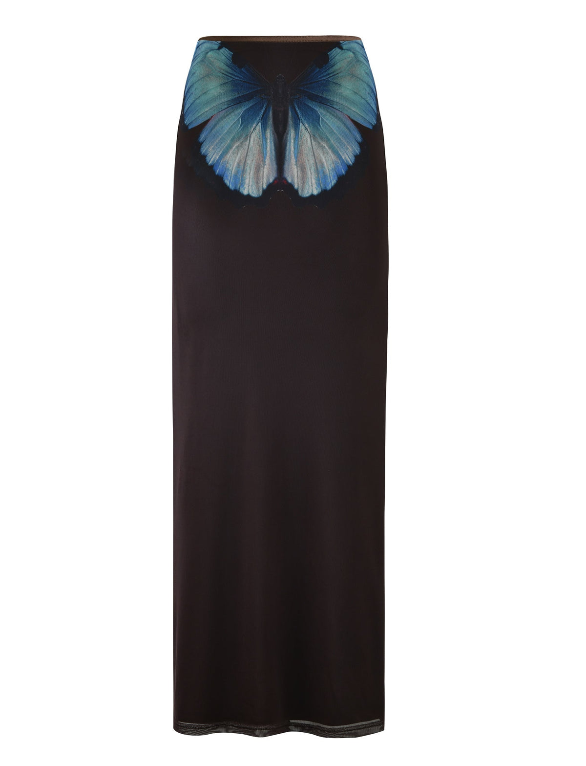 Introducing the NANCI SKIRT by TIGERMIST, a sleek brown skirt adorned with a large, detailed blue butterfly design at the waistband. This striking feature creates an eye-catching contrast against the rich dark fabric, perfectly complementing its straight and sophisticated silhouette.